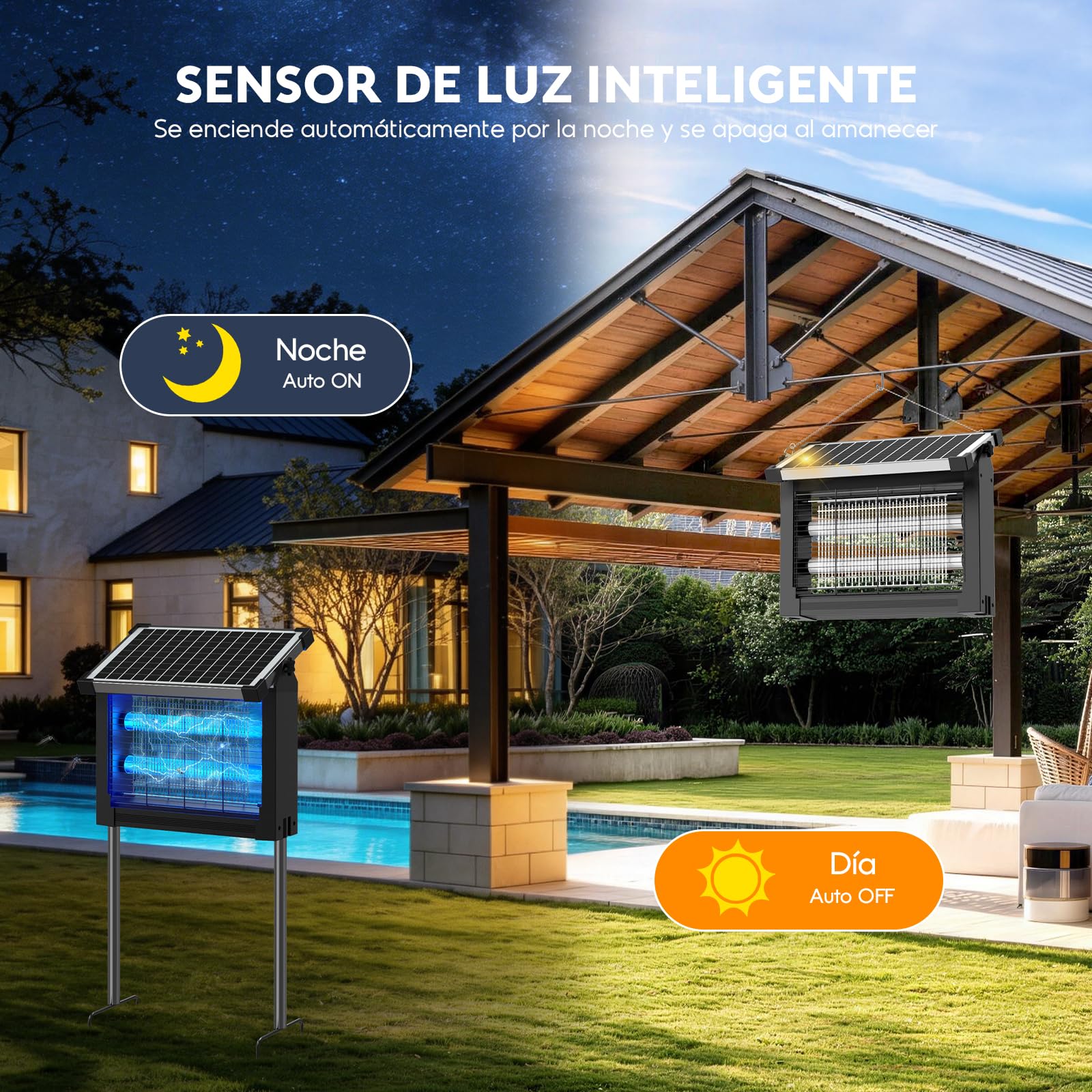 Lámpara Antimosquitos Solar de Exterior, Mata Mosquitos Eléctrico 4500V, Impermeable IPX5, Recargable USB-C, Batería de 4000mAh, Sin Cables con Estaca para Jardín, Césped