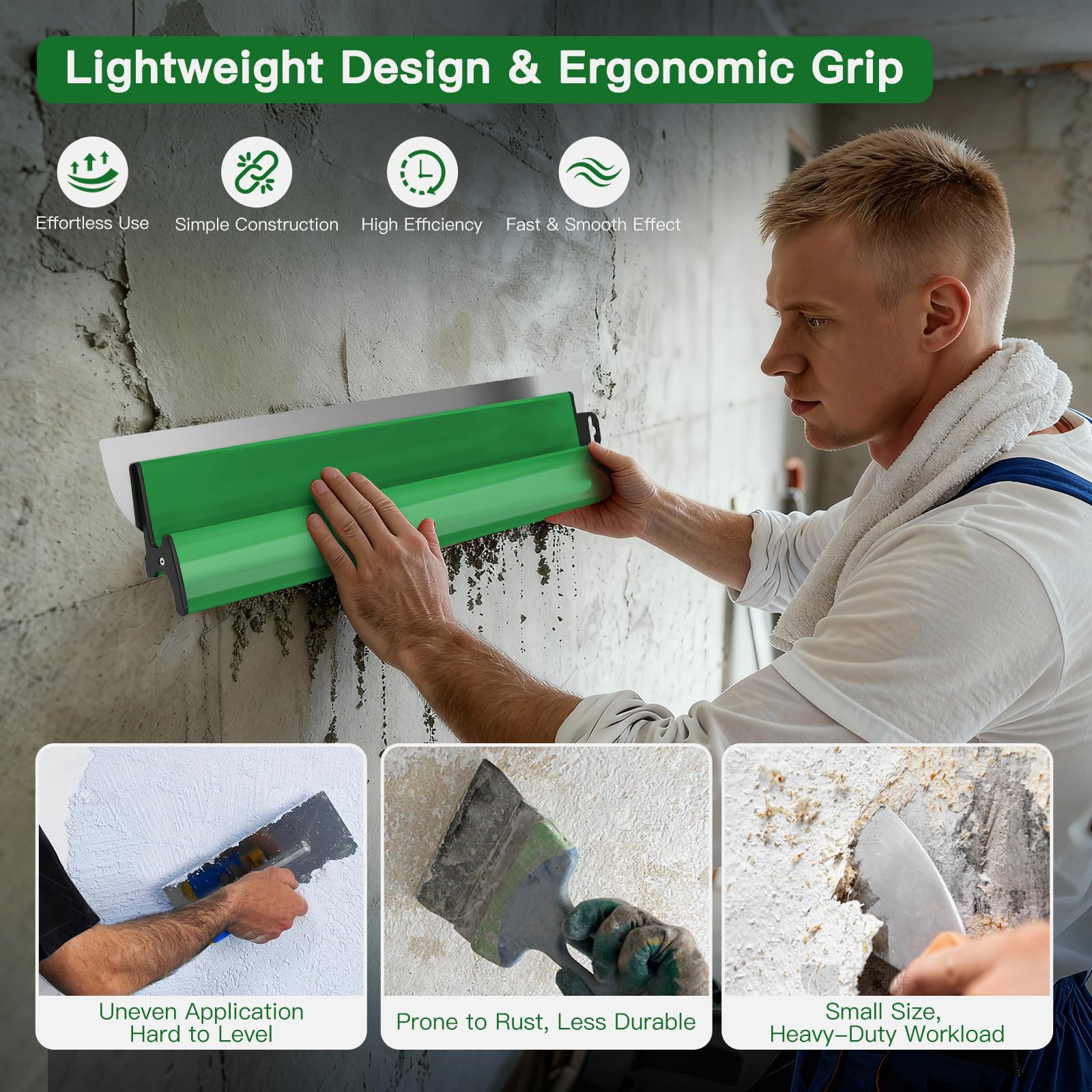 Juego de espátulas de superficie, herramienta de espátula (250/400 mm/600 mm) y barra telescópica de 0,97 m hasta 1,82 m, con adaptador, kit de espátula de alisado multifuncional para grandes (Verde) - 4