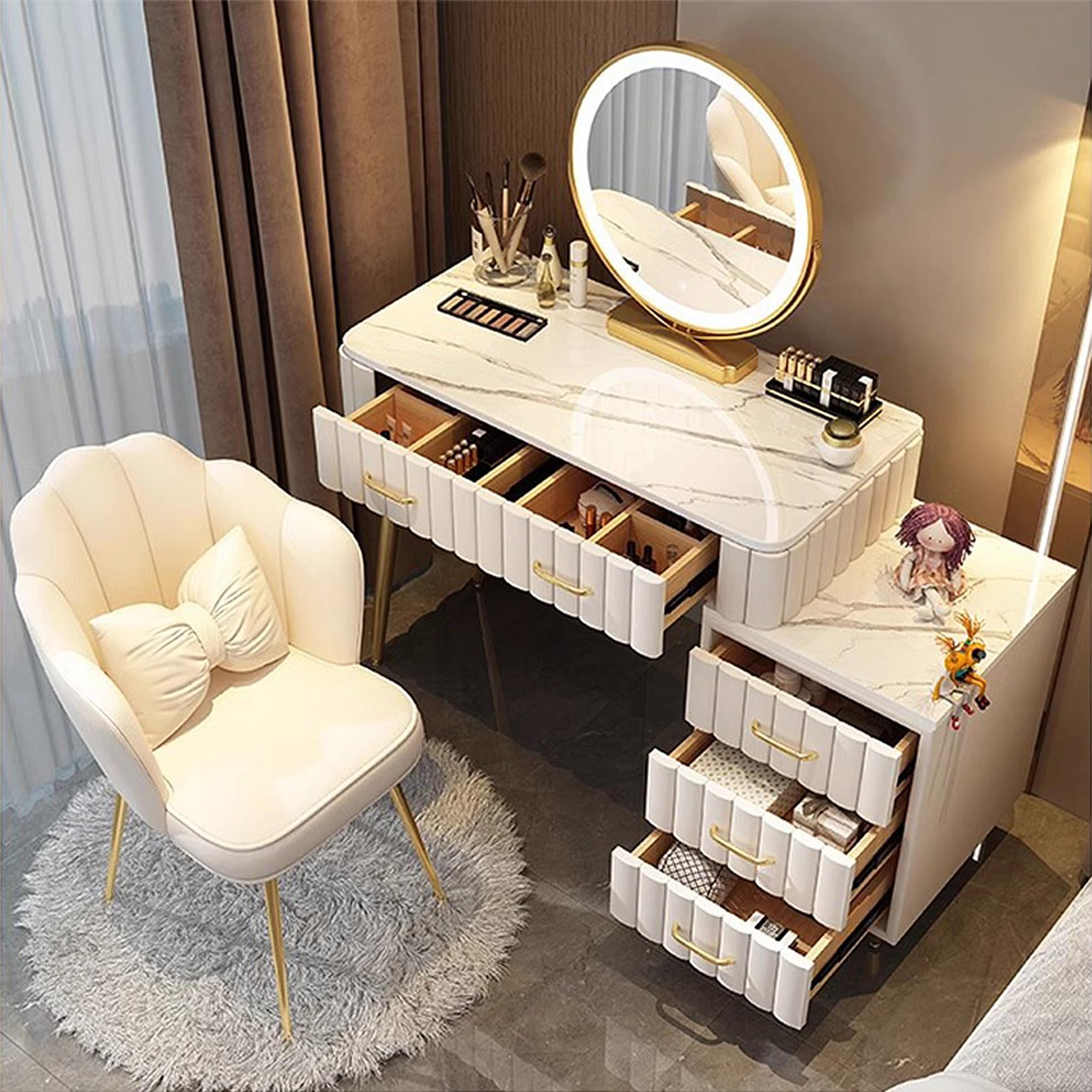 asdchZen Dressing Table With Brightness Adjustable Mirror 5-Drawer Makeup Desk & Cushioned Stool Stylish Vanity Table For Bedroom-Grey 100Cm