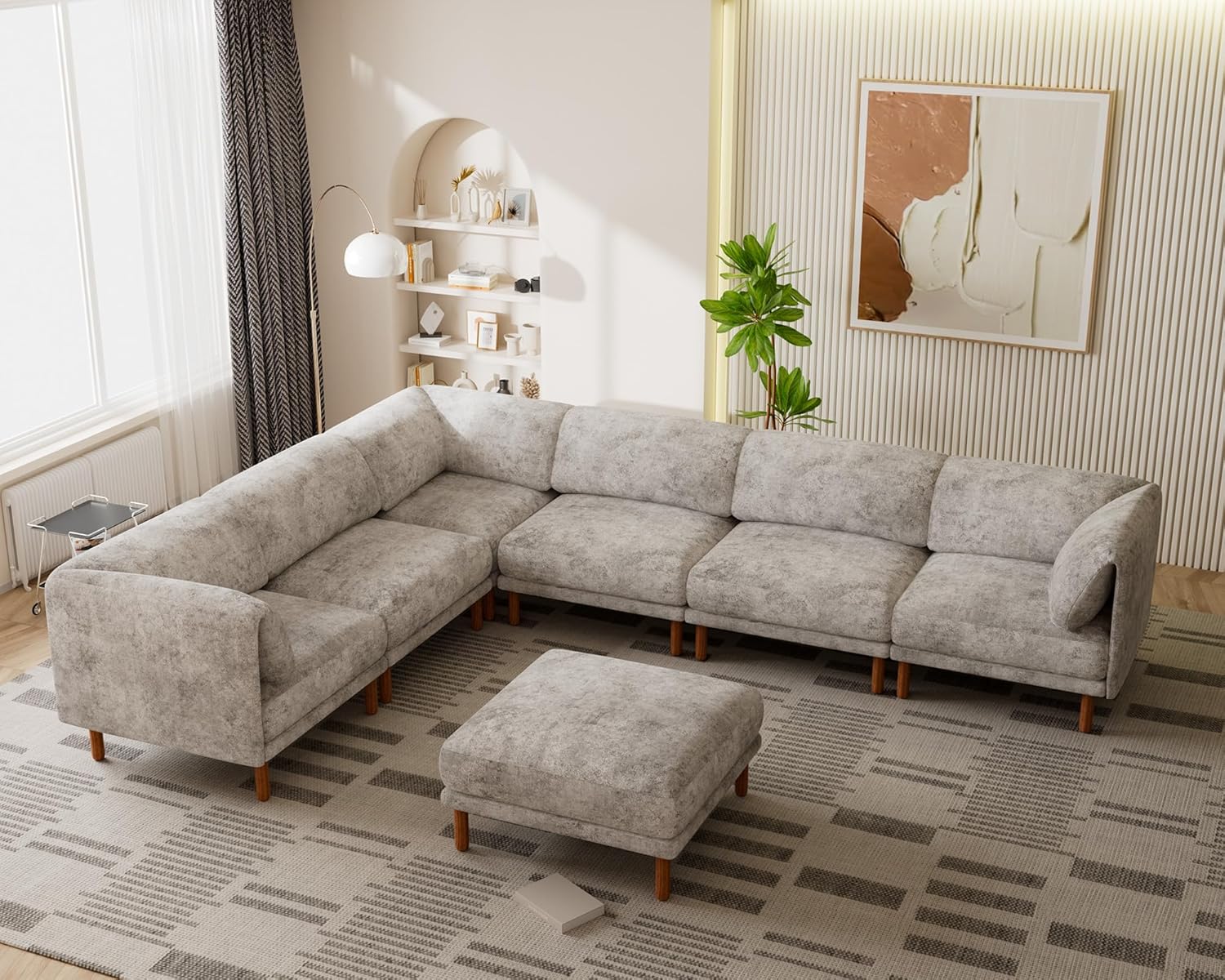 Modular Sectional Sofa, High-Leg Design Solid Wood Frame Mid Century Couch, Deep Seat 6 Seater L Shaped Comfy Couch,Free Combination Sectional Couches for Living Room Gray