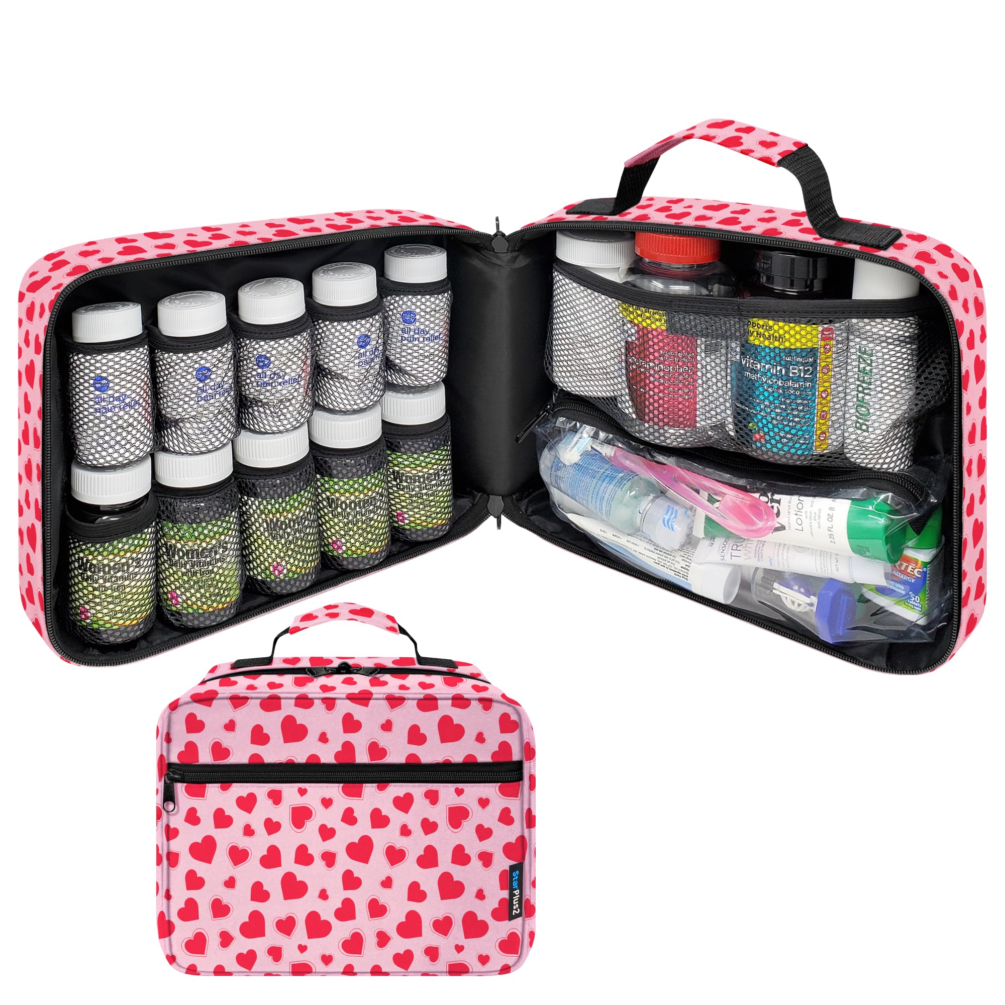 Large Padded Pill Bottle Organizer, Medicine Bag, Case, Carrier for Medications, Vitamins, and Medical Supplies - Travel Medicine Organizer and Home Storage Med Bag - Hearts (Without Lock)