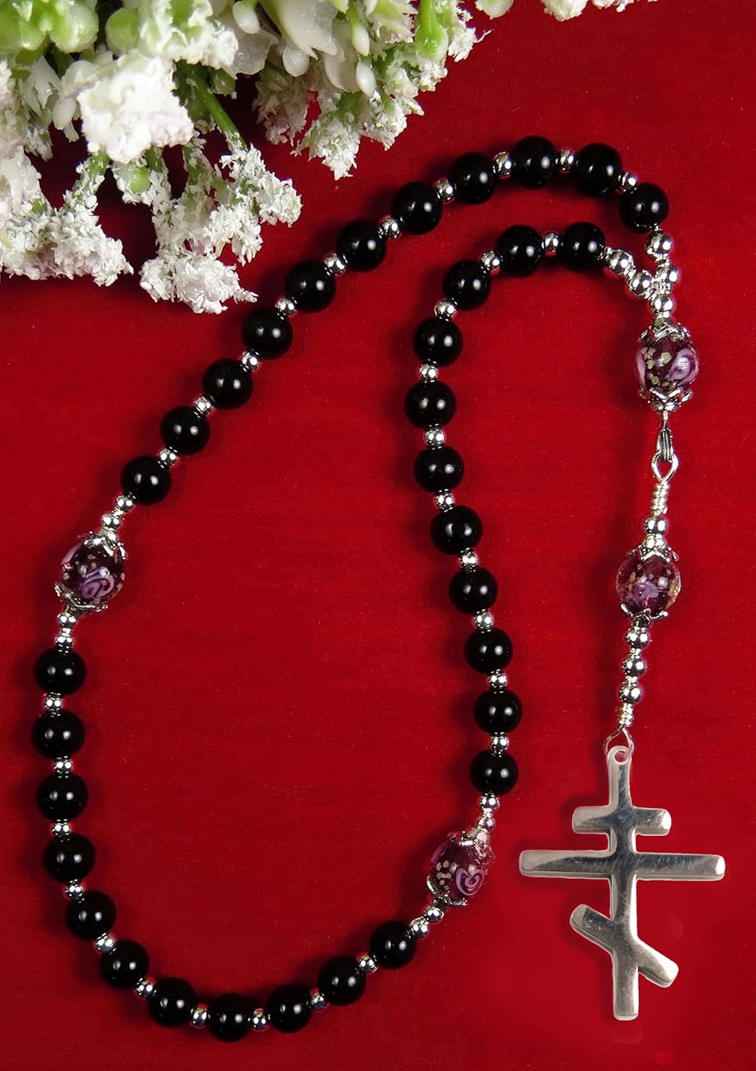 Handmade Orthodox Rosary, Greek Chotki, Black Shell Pearls and Silver Tone Stainless Steel Cross