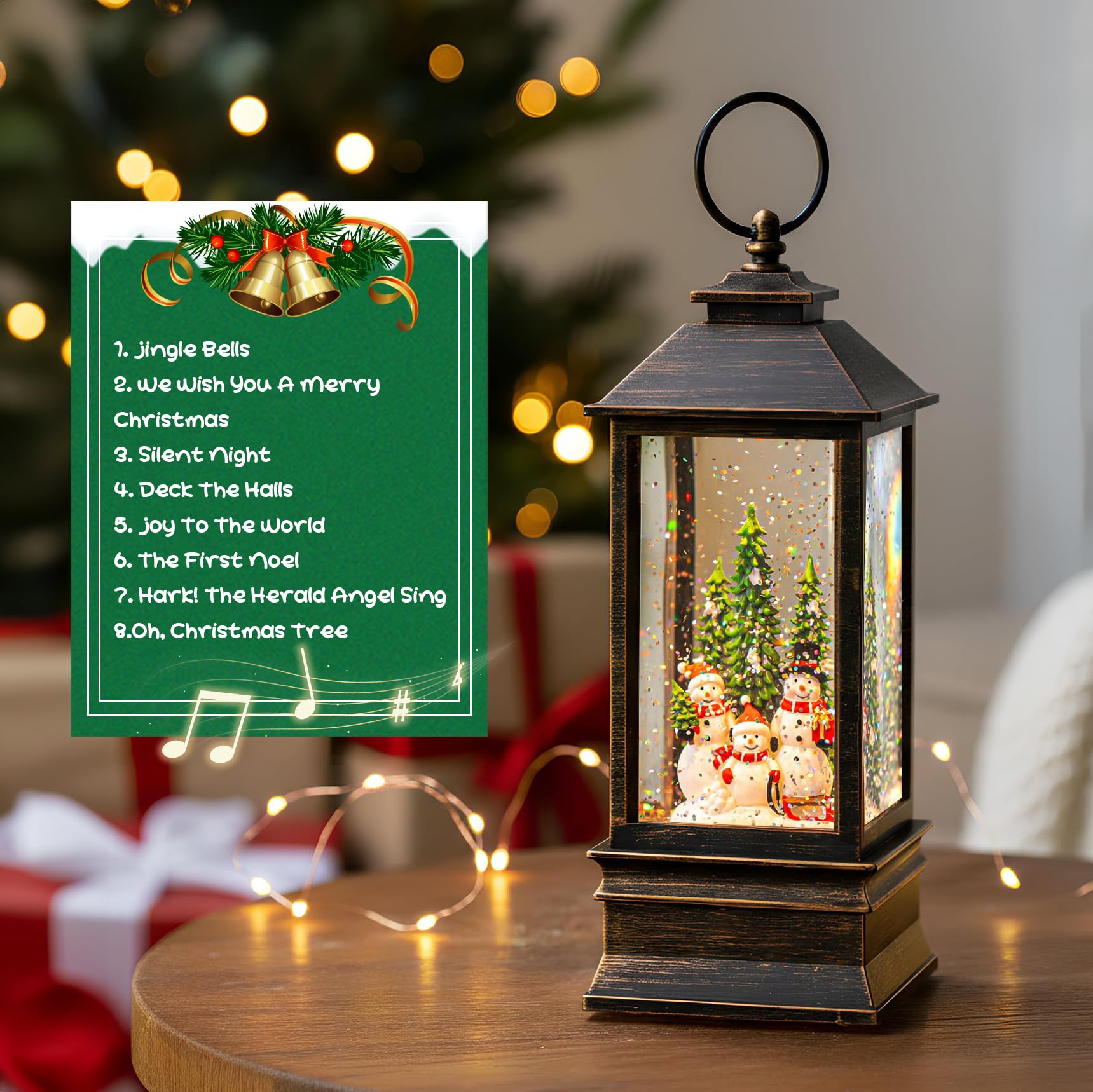 Linterna musical de globo de nieve de 10 pulgadas iluminada con muñeco de nieve familiar, linterna de agua con remolinos brillantes para decoración del hogar y regalo, funciona con pilas o alimentado