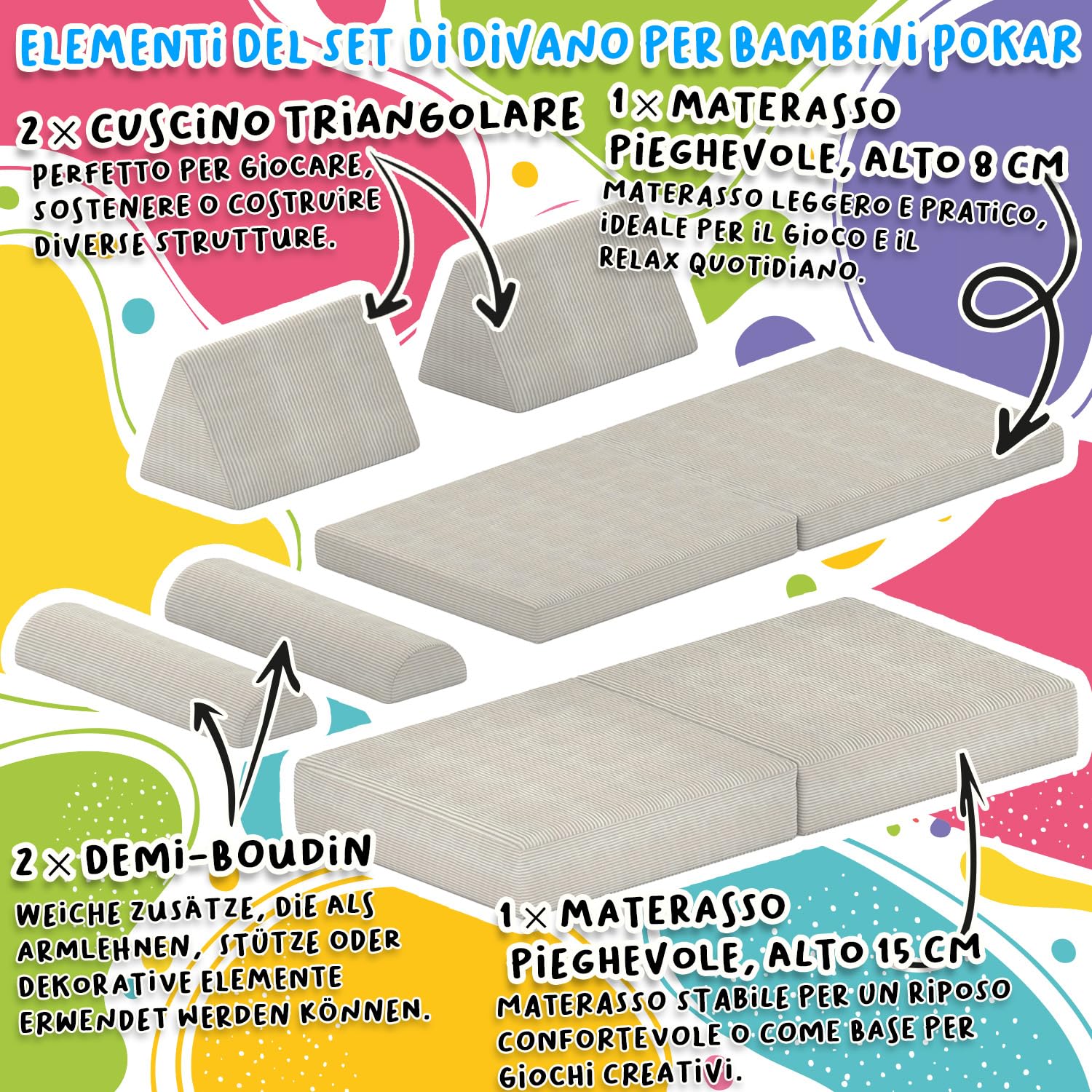 POKAR Divano Modulare per Bambini in Velluto Corduroy | Divano Bambini Trasformabile in Schiuma | Divano da Gioco per Cameretta Bambini | Certificato Oeko-TEX 100 | Laguna Azzurra