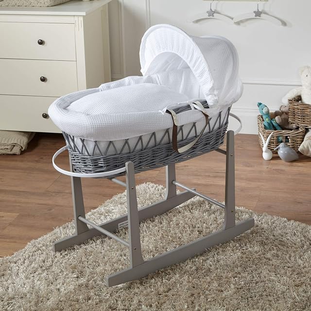 FYLO Moses Basket Waffle Grey Wicker with Rocking Stand Grey