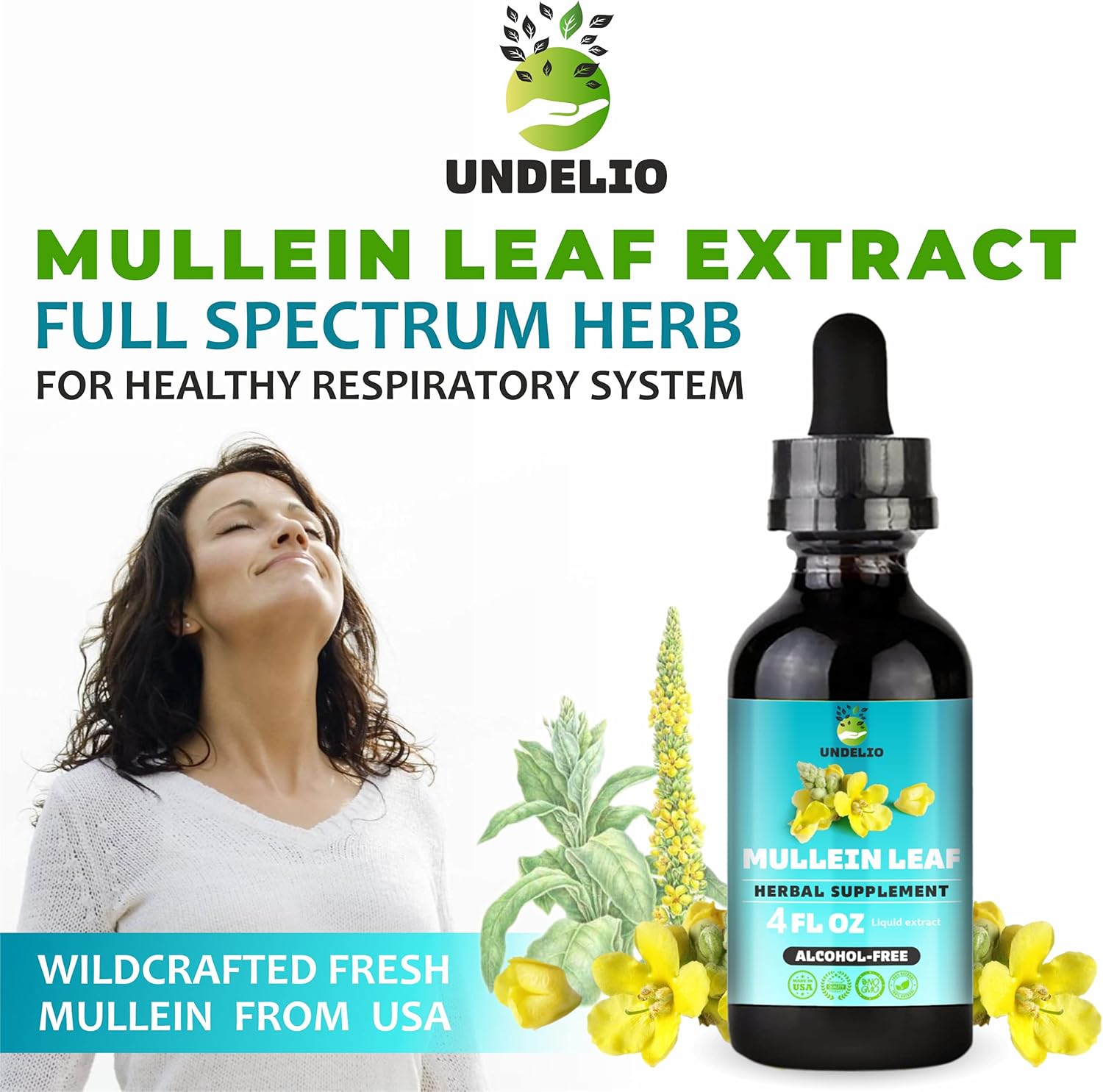 Undelio's Herbal Mullein Leaf Extract - Organic & Alcohol-Free Tincture for Respiratory, Lung, Sleep & Digestive Support - Non-GMO, Vegan - 4 fl. Oz for Immune Health & Lung Detox