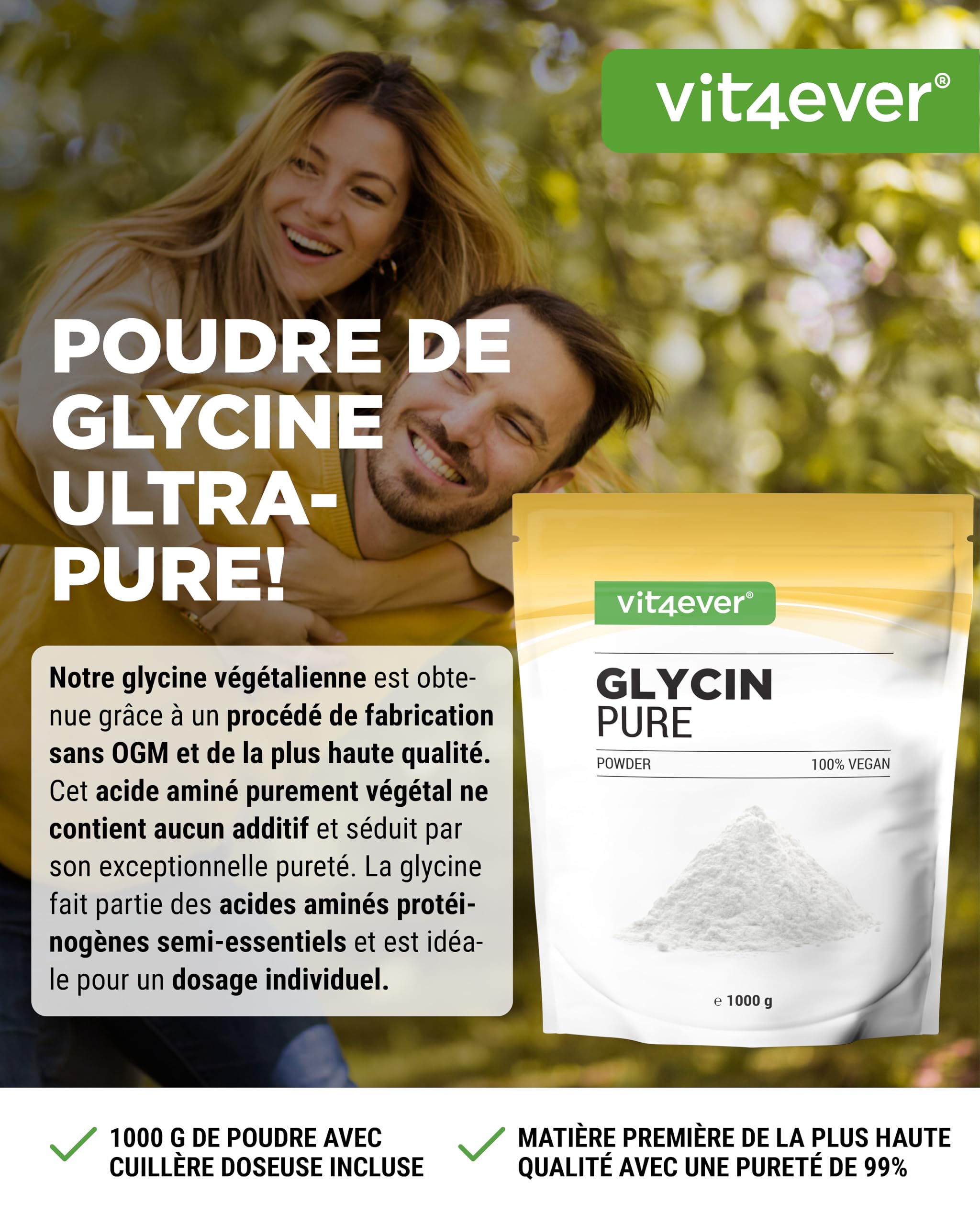 vit4ever Glycine Pure - 1000 g (1 kg) de Poudre Pure sans Additifs - Avec Cuillère Doseuse - Acide Aminé L-Glycine Dosé de Manière Optimale, Naturellement Doux - Vegan