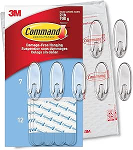 Command Medium Wall Hooks, Damage Free Hanging Wall Hooks with Adhesive Strips, No Tools Wall Hooks for Hanging Decorations in Living Spaces, 7 Clear Wall Hooks and 12 Command Strips