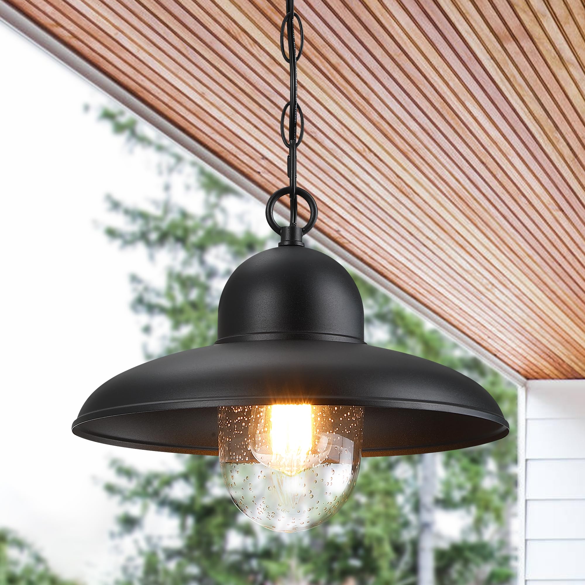 DD064-1-BK - Lámpara colgante para exteriores de 12 pulgadas, con cadena ajustable, luz negra de montaje en techo con cristal de burbujas para puerta delantera, entrada y cenador, DD064-1-BK
