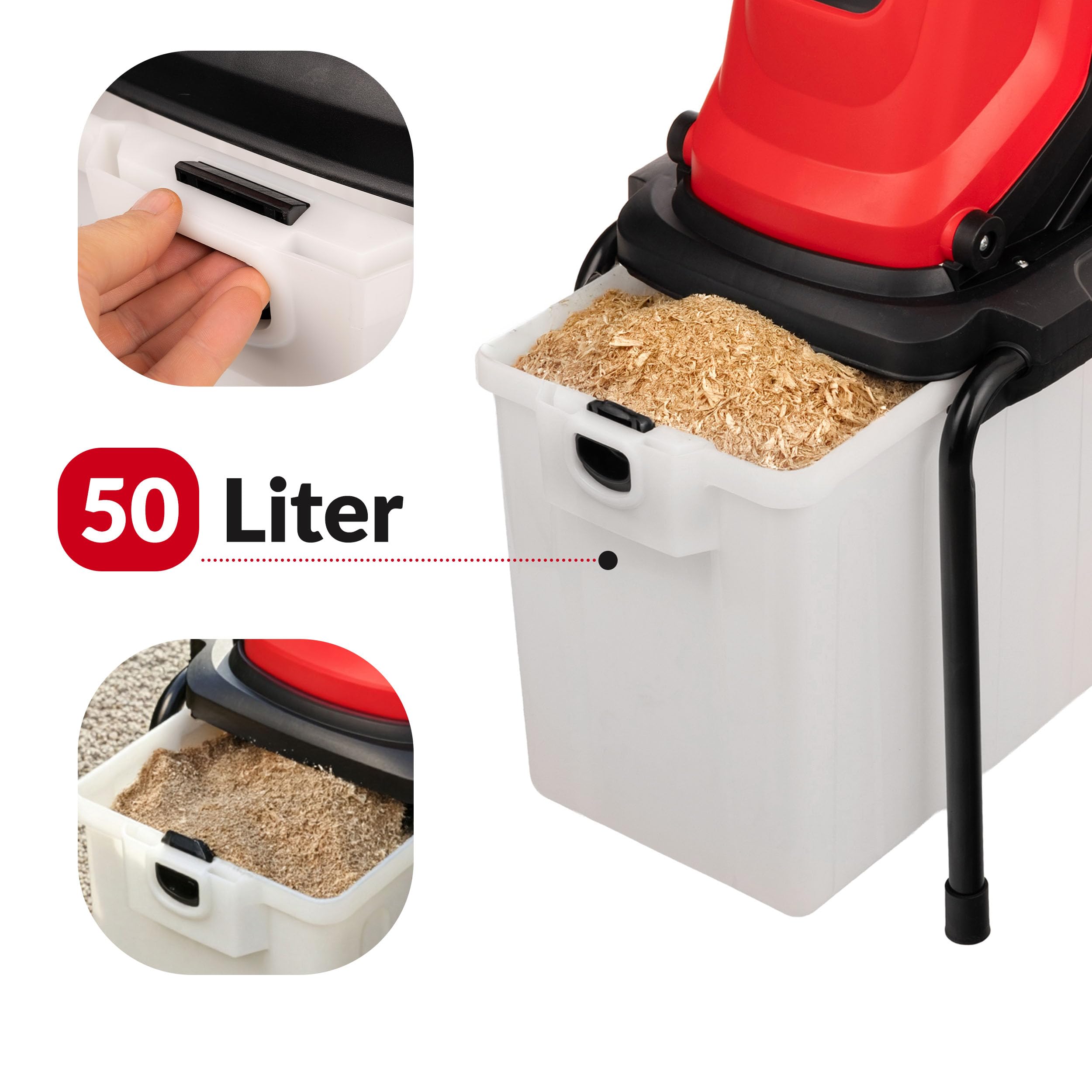 LEHMANN Elektro Gartenhäcksler, 3000 W, Messerhäcksler für Äste bis 45 mm, Laubhäcksler mit robustem Fahrgestell, Rädern und 50 L Fangbox, Holzhäcksler mit Zubehör, Sicherheitsschalter, Rot