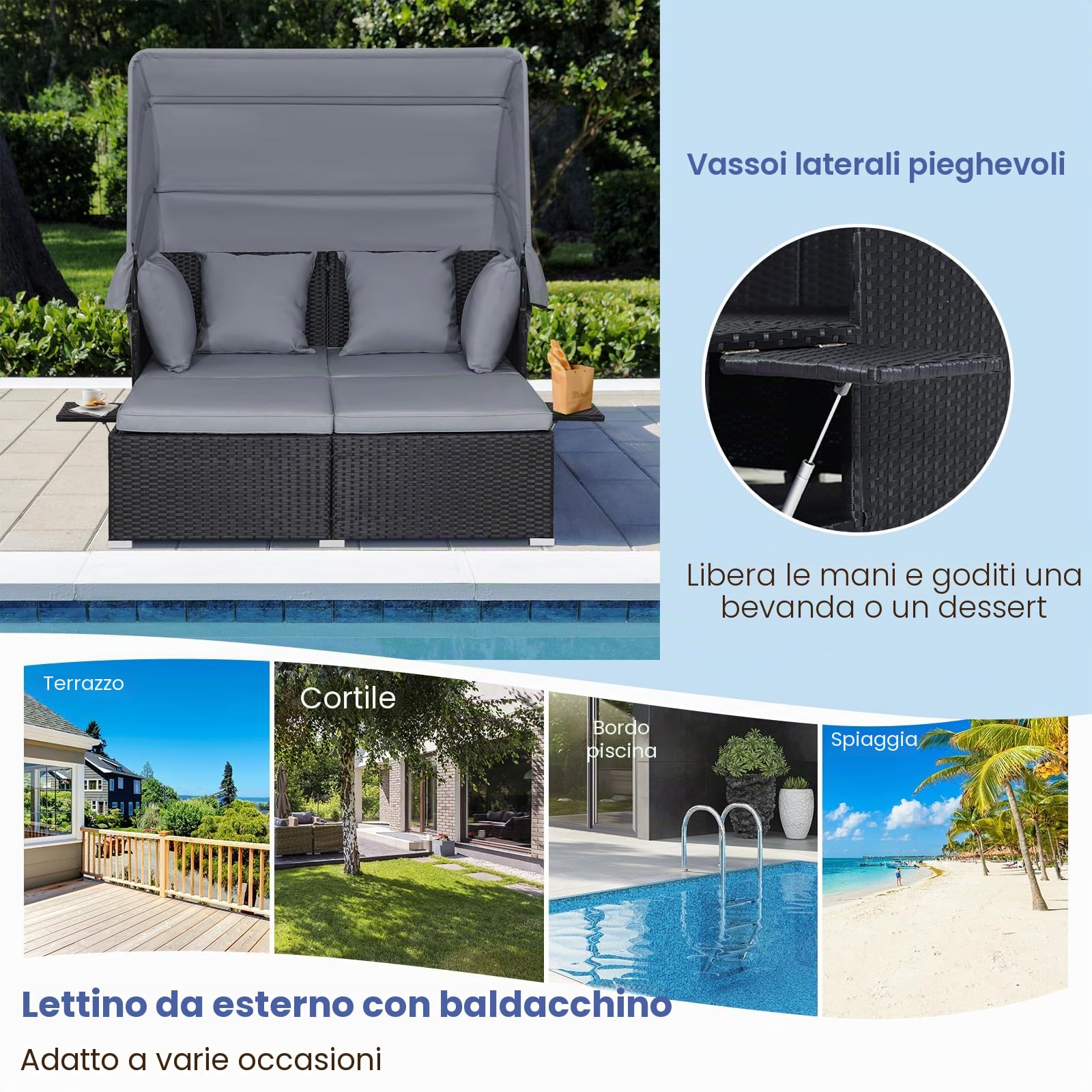 LIFEZEAL Salotto da Giardino Esterno, in Rattan PE, Divanetto per 2 Persone, Trasformabile in Letto Matrimoniale, con Ombreggiatura del tettuccio, Tavolino da Caffè e 4 Cuscini, 165x153x138cm (grigio)