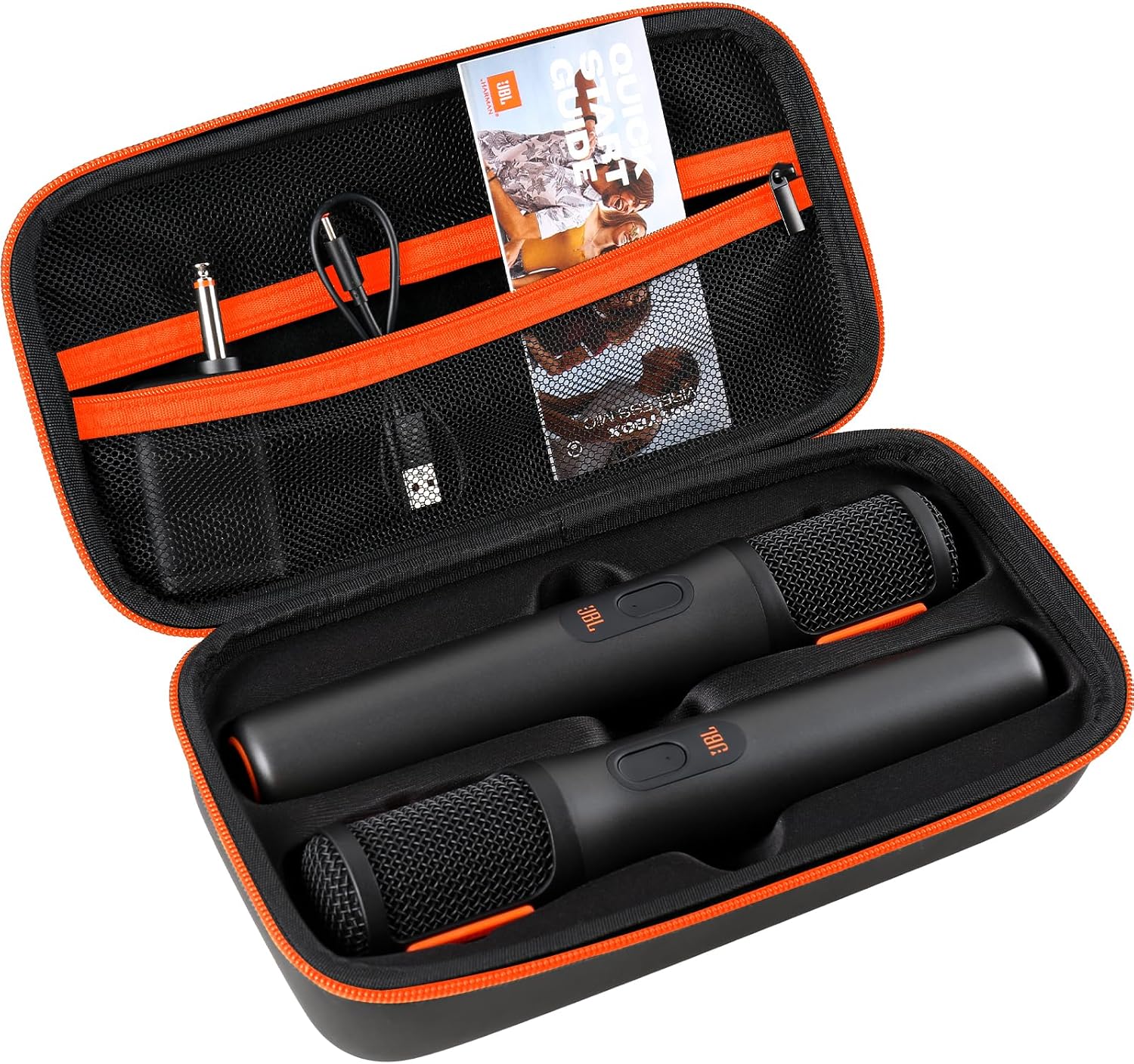 Wireless Microphone Case For JBL Wireless Two Microphone System Handheld Dual Mic Travel Bag for Singing or Karaoke for Receivers, Adapters, AA Batteries-Black(Box Only-Orange)