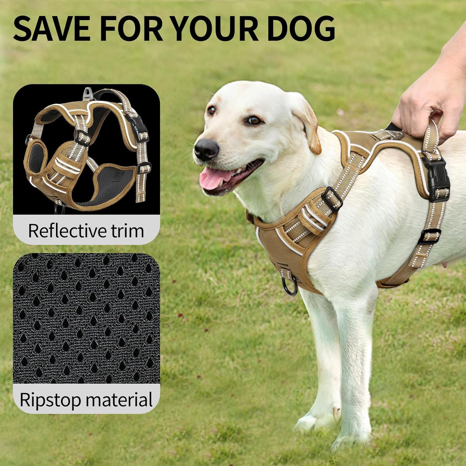 HEELE Dog Harness, Dog Harness for Small Medium Large Dogs No Pull Adjustable Padded Reflective Harness with Handle for Walking Training, Brown, M - Image 4