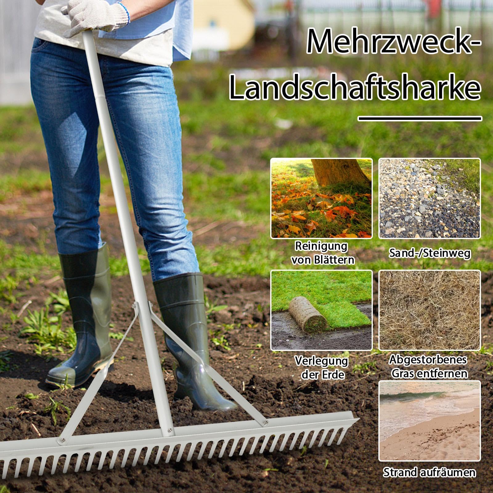 SOARS Rechen Aluminium, Gartenrechen mit 36 Zinken, 91 cm Breite & 174 cm Stiel, Gartenharke Laubrechen Rasenrechen Gartenwerkzeug für Rasenpflege, Landschaftspflege