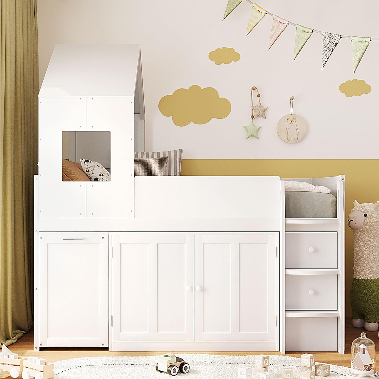 Merax Wooden House Loft Bed with Desk, Drawers and Cabinets, Twin Size, White