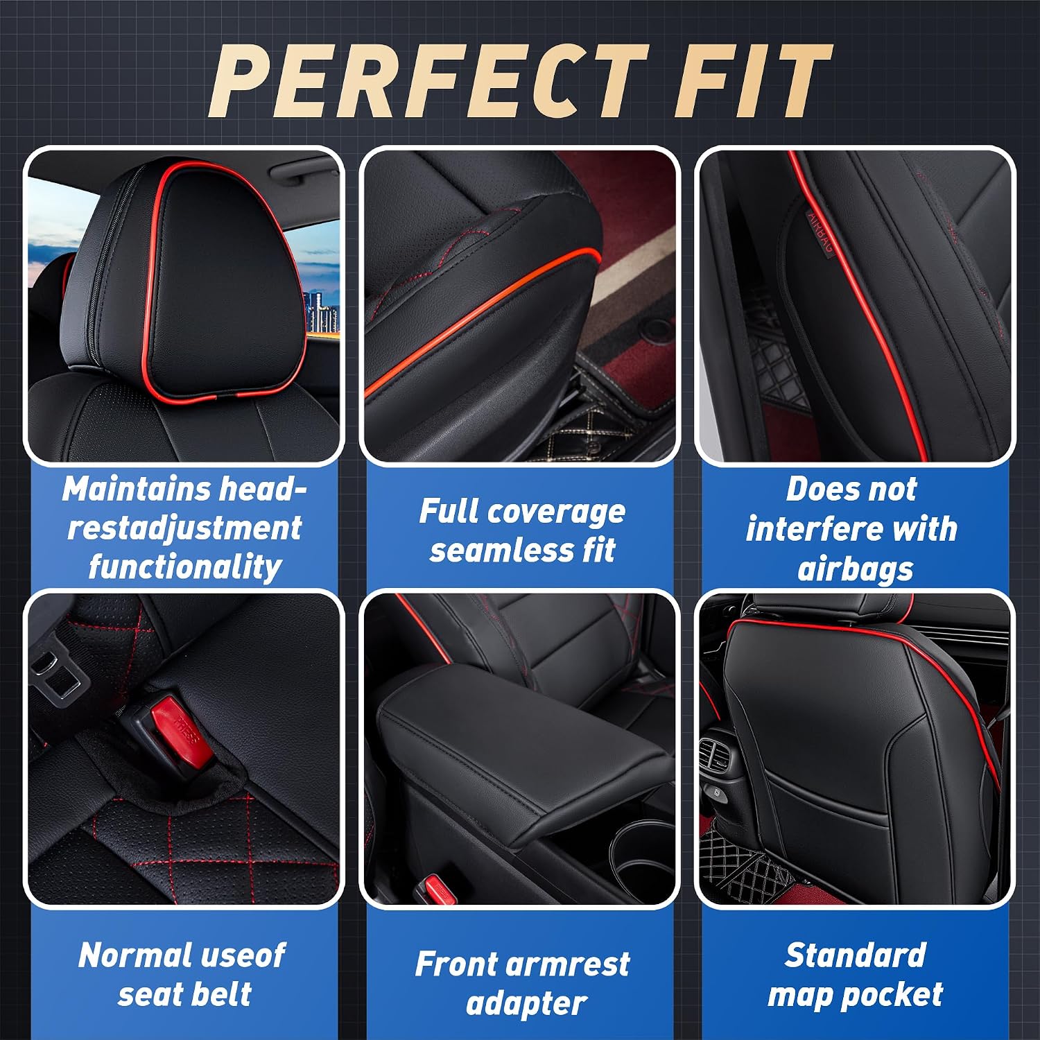 Seat Covers Fit Hyundai Elantra 2021-2026 N Line Limited Hybrid Limited and SEL 2024-2026, Split Rear Seat with Movable Headrests, Water-Resistant Faux Leather Full Set-Black and Red