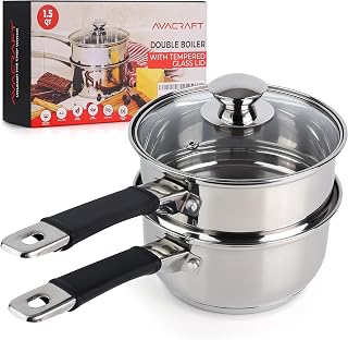 AVACRAFT 1.5 Quart Stainless Steel Double Boiler - Even Heat Melting Pot for Chocolate, Cheese, Butter, Wax & Sauces w/ Glass Lid
