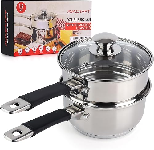AVACRAFT 1.5 Quart 18/8 Stainless Steel Double Boiler with Glass Lid | 5-Layer Capsule Base, Ideal for Melting Chocolate, Butter, Cheese, Wax, Long Stay-Cool Handle, Comfortable Grip