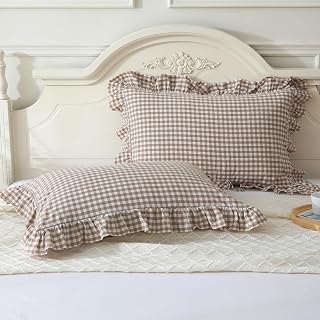 Mywinlle Taupe/White Plaid Ruffle Pillow Shams Farmhouse Standard 20x26" Washed Cotton Set of 2