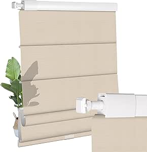 No Drill Cordless Roman Shades - Light Filtering Stripe Fabric Window Blinds, 27"W X 60"H, Easy Install With Adhesive Brackets