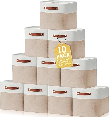 Uiifan 10 contenedores plegables de almacenamiento de tela, canastas de almacenamiento plegables con asas, cesta de tela, organizador de lino para