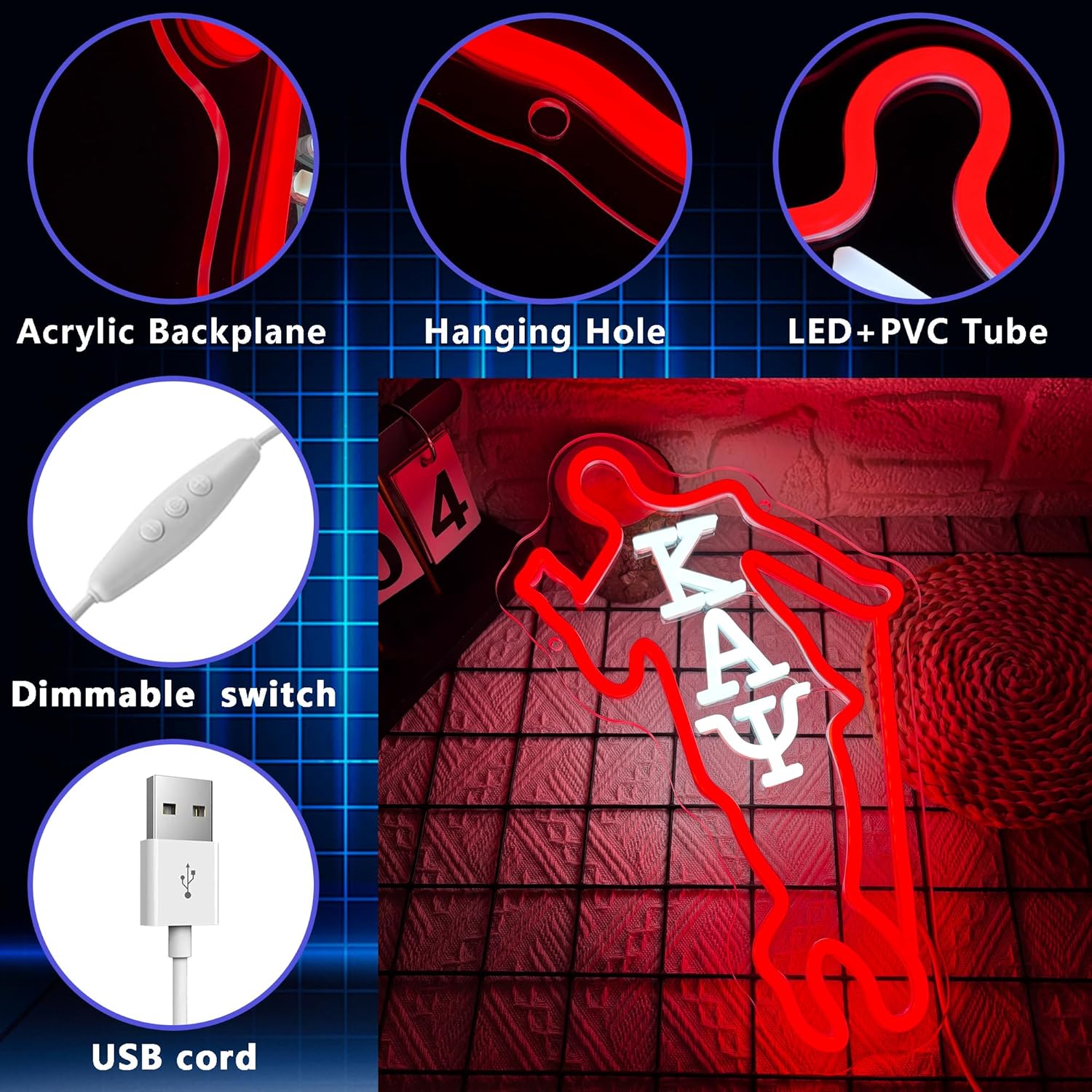 Fraternity Sorority Kappa Alpha Psi Neon Sign, Dimmable Led Body Shape Fraternity Kappa Neon Light, USB Powered Club Party Bedroom Bar Wall Decor Holiday Christmas Gifts(15.7 * 9.5in) - Image 3