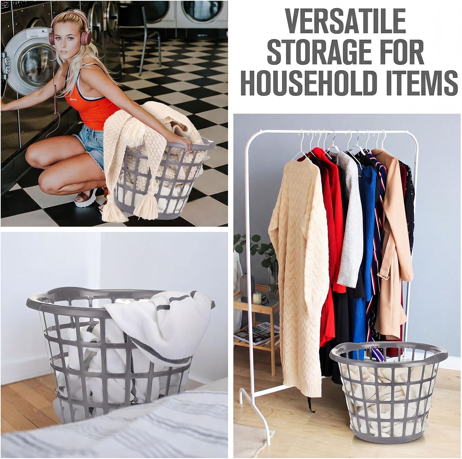 Uiifan 16 Pcs Gray Plastic Round Laundry Baskets Lightweight Round Bushel Baskets Capacity Laundry Hampers Plastic Clothes Hamper with Ventilated Design and Easy Carry Handles for Home Use