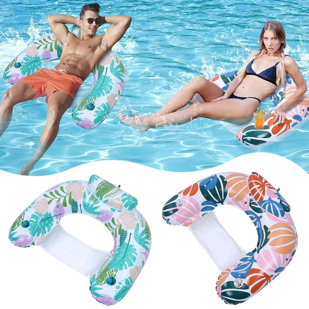 Paquete de 2 flotadores de piscina para adultos, silla inflable de flotador de piscina con portavasos, juguetes de hamaca para salón, diversión en el agua en verano, piscina, lago, fiesta en la playa