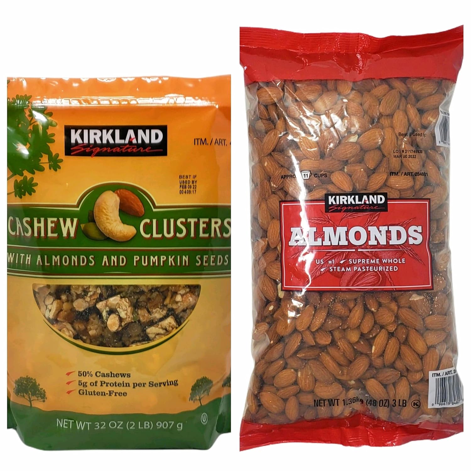 Kirkland Gluten Free Cashew Clusters with Almonds and Pumpkin Seeds - Choose Bundle with Fancy Whole Cashews (40 oz) or Almonds (48 oz) (Bundle with Almonds)