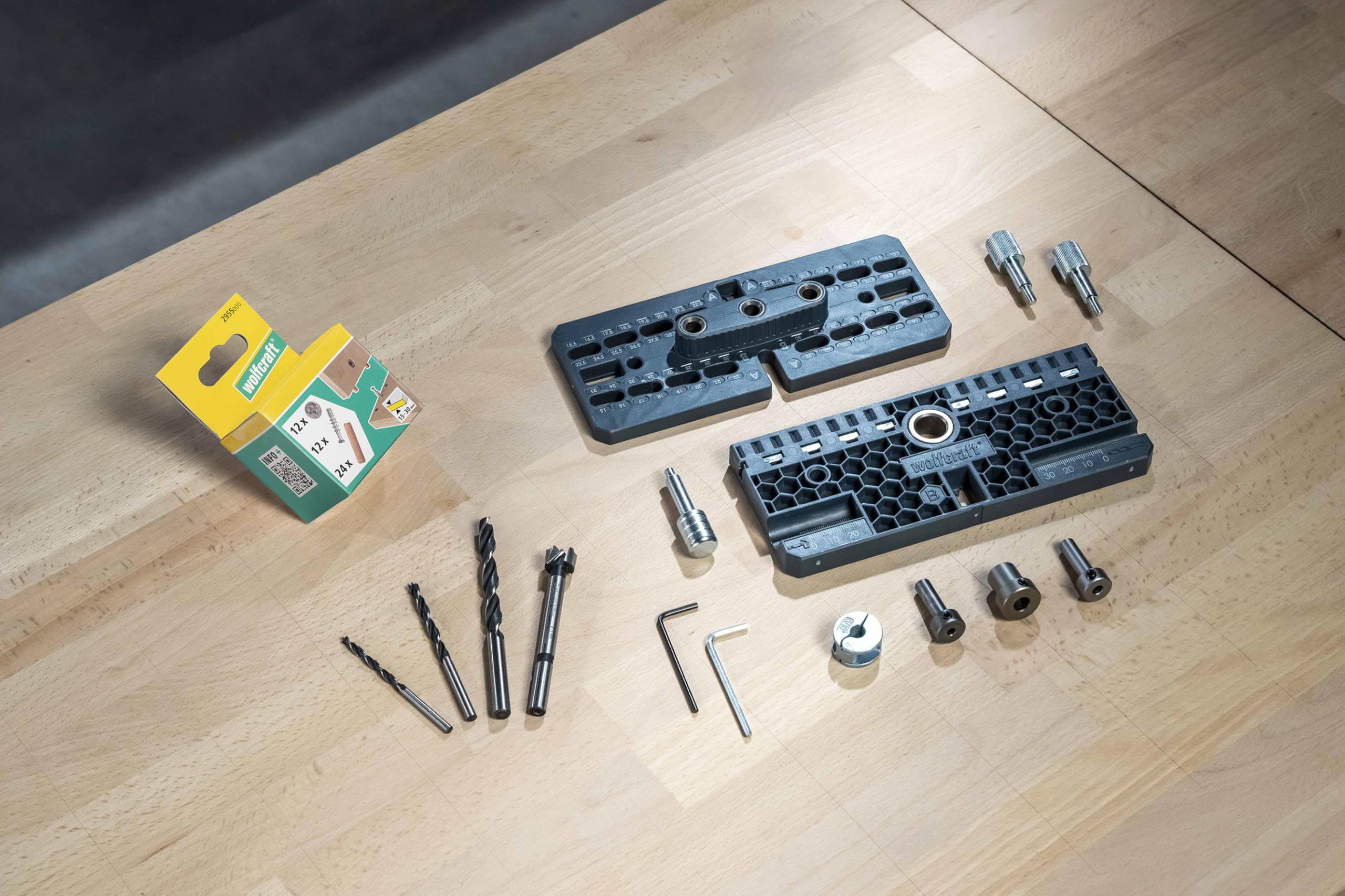 Wolfcraft Exzenter-Möbelverbinder-Set - Möbelbau-Set mit Bohrschablone | Komplett-Set für lösbare Eck-, T- und Flachverbindungen inklusive Forstnerbohrer, Schrauben und Dübeln - 4665000