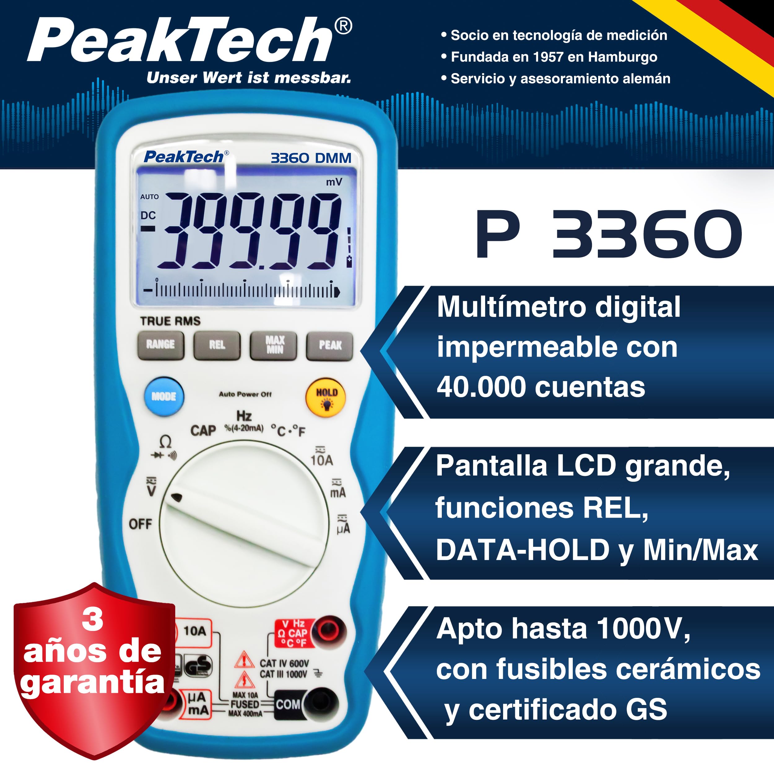 PeakTech 3360 - Multímetro Digital RMS, Resistente Al Agua (Ip67), 40000 Cuentas, Portátil Profesional, Tuv / Gs, Rango Automático, Medidor de Voltaje, Probador de Continuidad - Cat III 1000 V