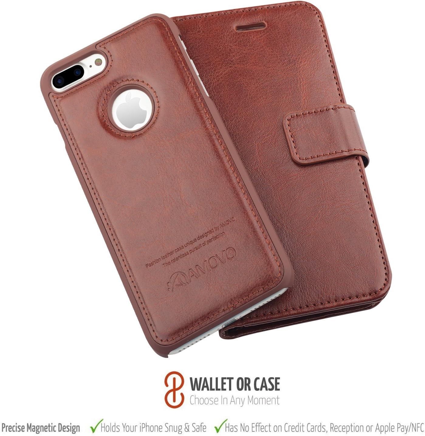AMOVO Case for iPhone 7 Plus [2 in 1], iPhone 7 Plus Wallet Case [Detachable Wallet Folio] [Premium Vegan Leather] iPhone 8 Plus Wallet Case (iPhone 7 Plus&8 Plus (5.5") Brown)