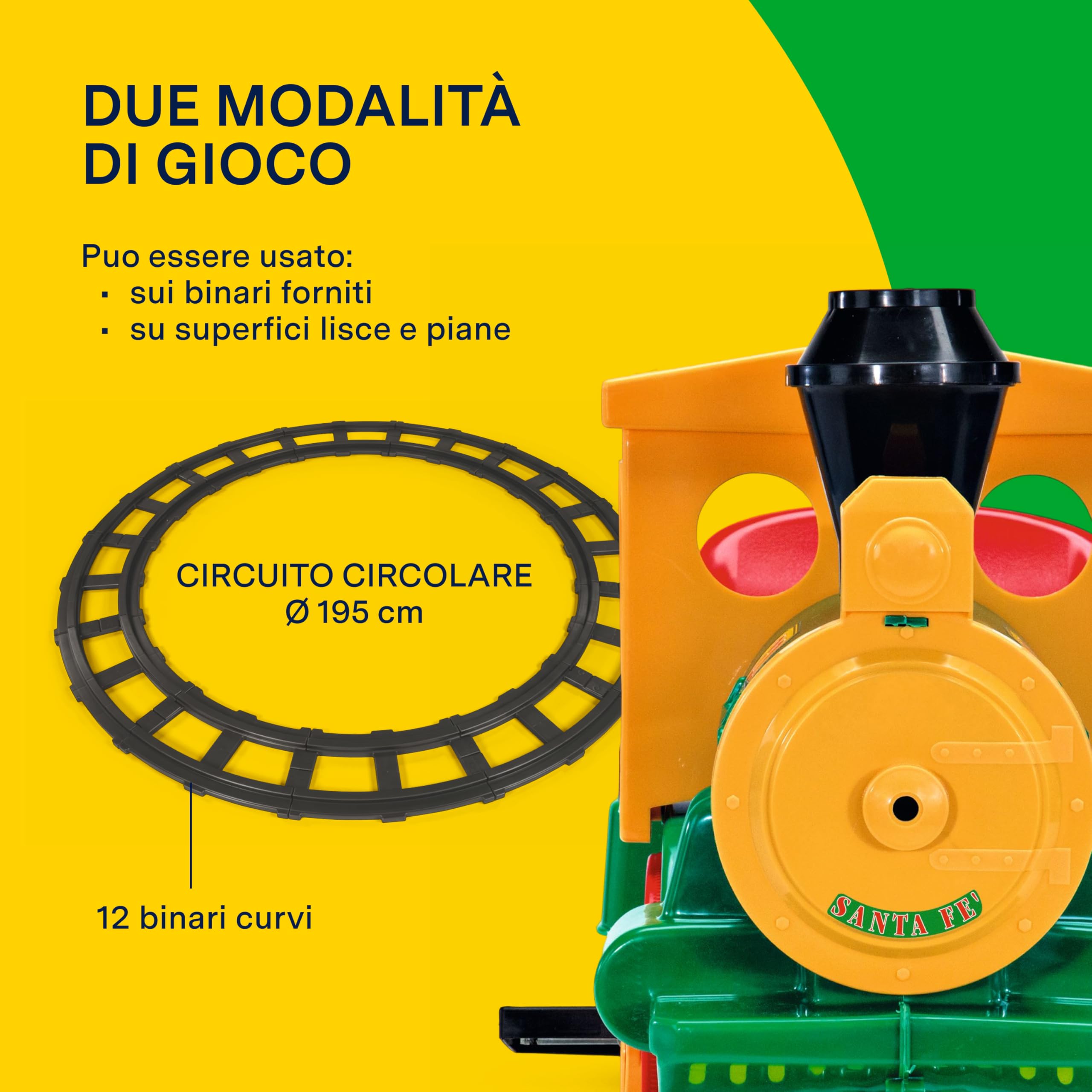PEG Santa Fé Train Trenino Elettrico Cavalcabile per Bambini dai 2 Anni con Dettagli Far West, 12 Binari Curvi, Batteria Ricaricabile 6V