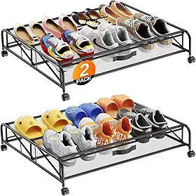 Organizador de sapatos embaixo da cama, pacote com 2 recipientes de armazenamento sob a cama com rodas para gaveta organizadora de sapatos embaixo da cama, economia de espaço para quarto