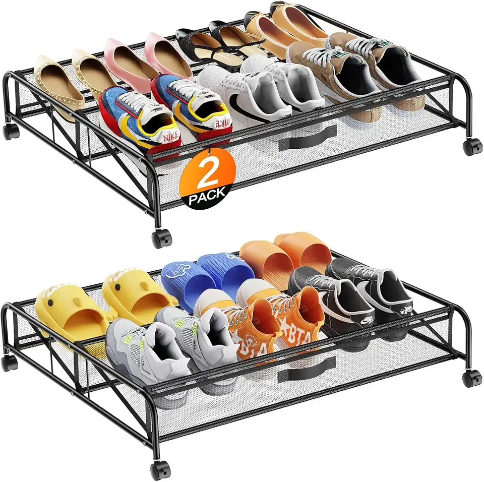 Organizador de sapatos embaixo da cama, pacote com 2 recipientes de armazenamento sob a cama com rodas para gaveta organizadora de sapatos embaixo da cama, economia de espaço para quarto