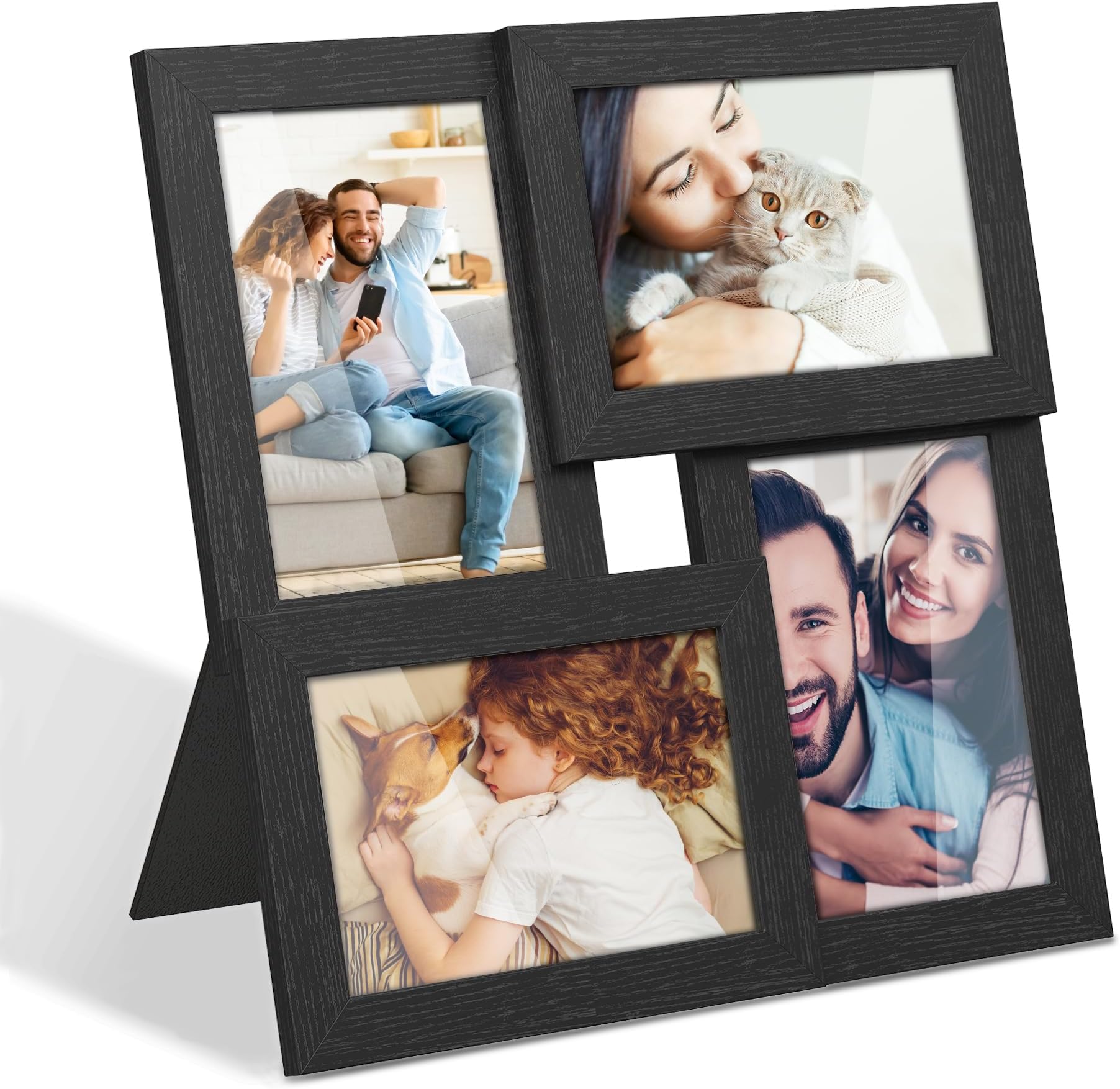 SONGMICS Picture Frames for 4 Photos in 4" x 6" Collage Photo Frames Wood Grain Frames Glass Front Wall Hanging or Table Top Black URPF25BK