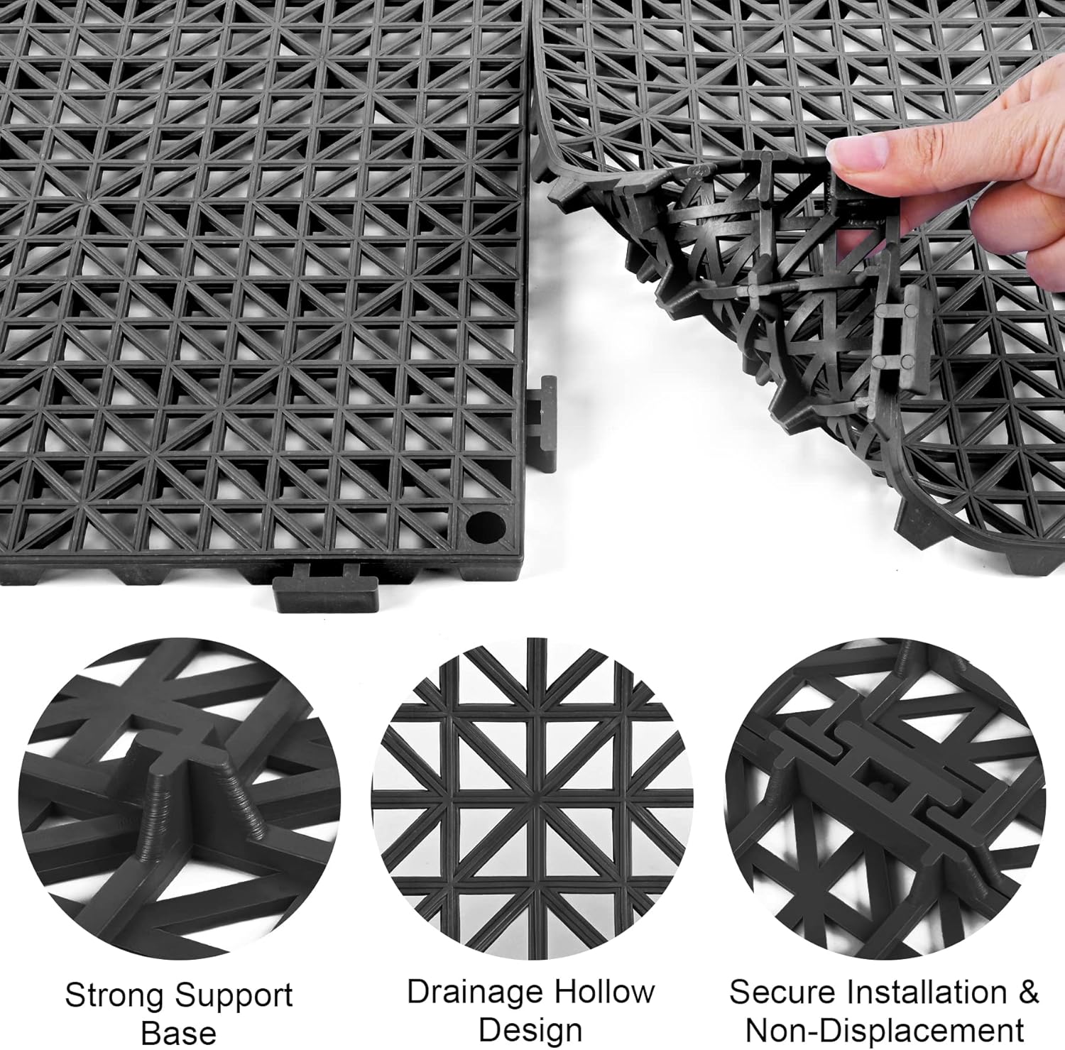 MYFAMIREA Modular Interlocking Cushion 12 Pack 11.8" x 11.8" Rubber Floor Tiles Non-Slip Splicing Drainage Mats for Deck, Pool, Outdoor Shower, Patio, Balcony, Indoor Bathroom, Kitchen, Yard (Black)