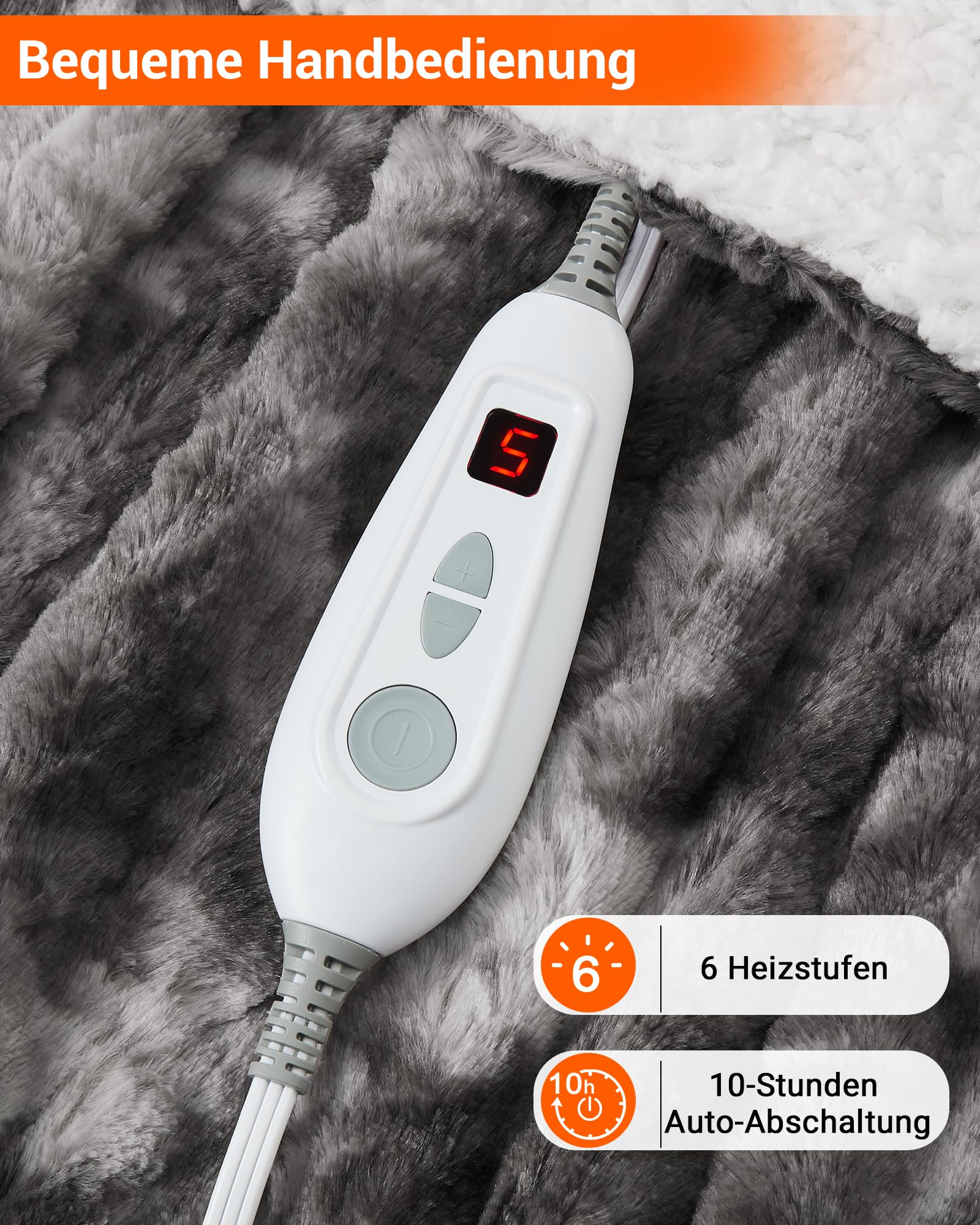 LinTimes Heizdecke mit Abschaltautomatik, Elektrische Wärmedecke mit 6 Temperaturstufen, 10h Abschaltautomatik, Elektrische Heizdecke aus PV-Samt & Sherpa-Fleece, Waschbare Heizdecke,180 x 130cm Grau