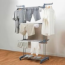 INNOVA Folding Upright Clothesline 3 Levels, 6 Folding Wings, 24 Bars, 2 Brackets (up to 14 Hangers), 36 Integrated Hooks, 360° Wheels with Lock, Up to 40 kg Clothes/17 Meters (3 Levels)