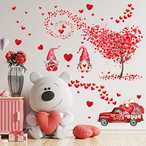 Miniatura 6 de Calcomanías de pared con diseño de gnomo rojo, para el día de San Valentín, árbol de corazón rosa, decoración del hogar, dormitorio, cuadros