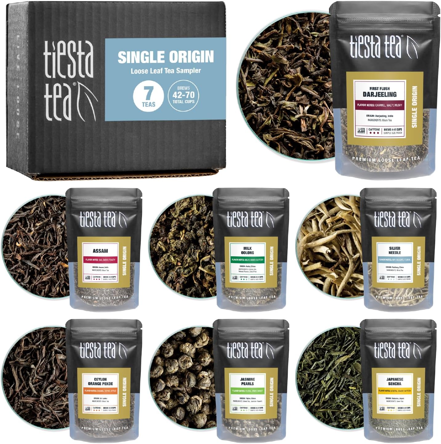 - Tiesta Tea - Single Origin Tea Sampler Dry Flight Set, Loose Leaf, High to Low Caffeine, Makes Hot & Iced, Assorted Brew Sets with Green, White, Black & Oolong, 7 Resealable Sample Pouches