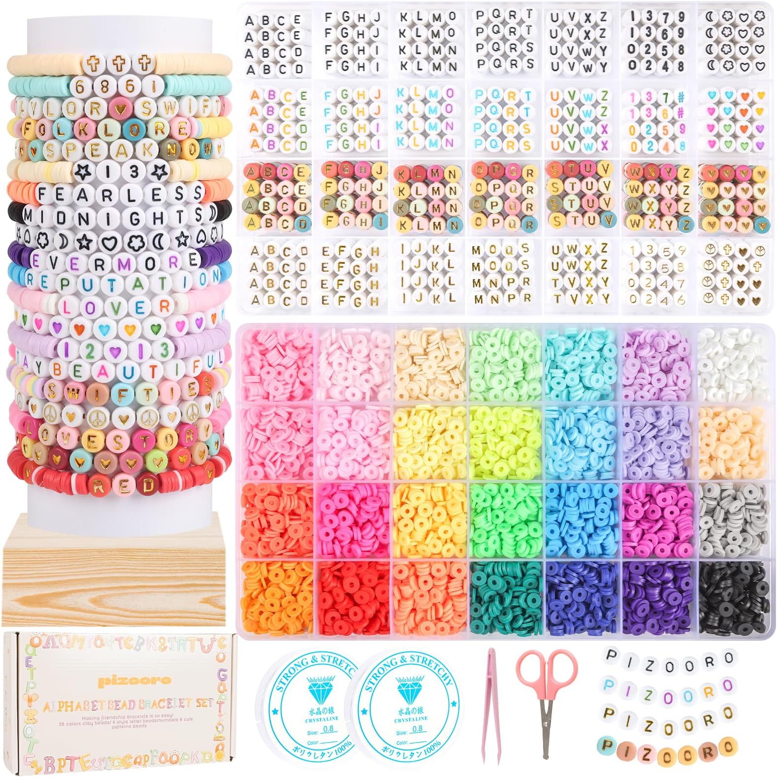 Pizooro Friendship Bracelet Kit, 28 Colors 5040 Pcs Clay Beads 1200 Pcs Letter Beads for Bracelets Making,4 Styles Round Alphabet,Number,Heart,Pattern Beads,Jewelry Craft Kits Gift