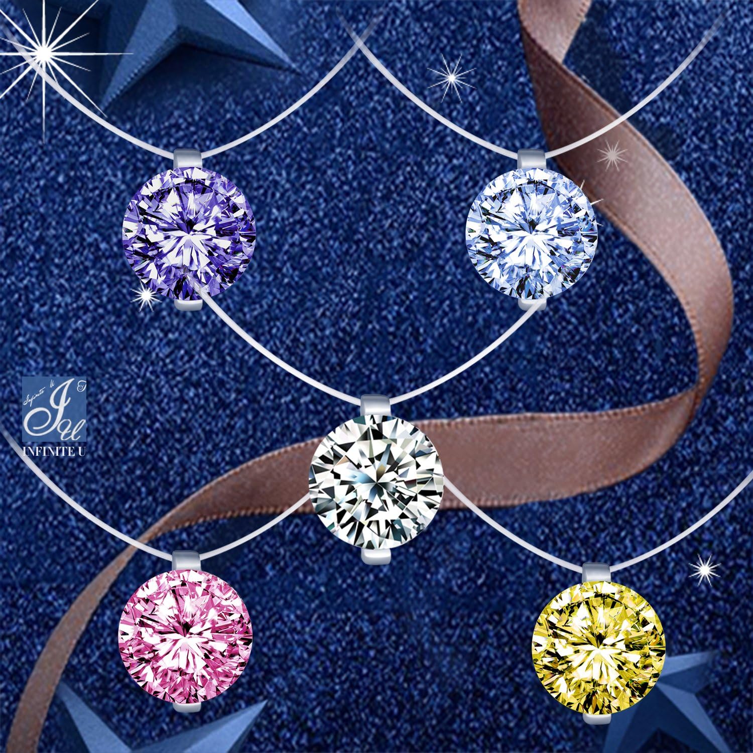 Solitaire Pendant 925 Sterling Silver Cubic Zirconia CZ with Transparent Chain Necklace for Women