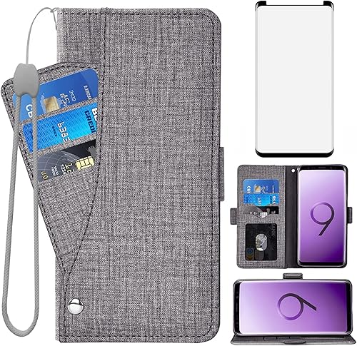 Asuwish Compatible con Samsung Galaxy S9 Plus Funda tipo cartera de cristal templado y tapa abatible, accesorios para teléfono celular Glaxay S9+ 9S