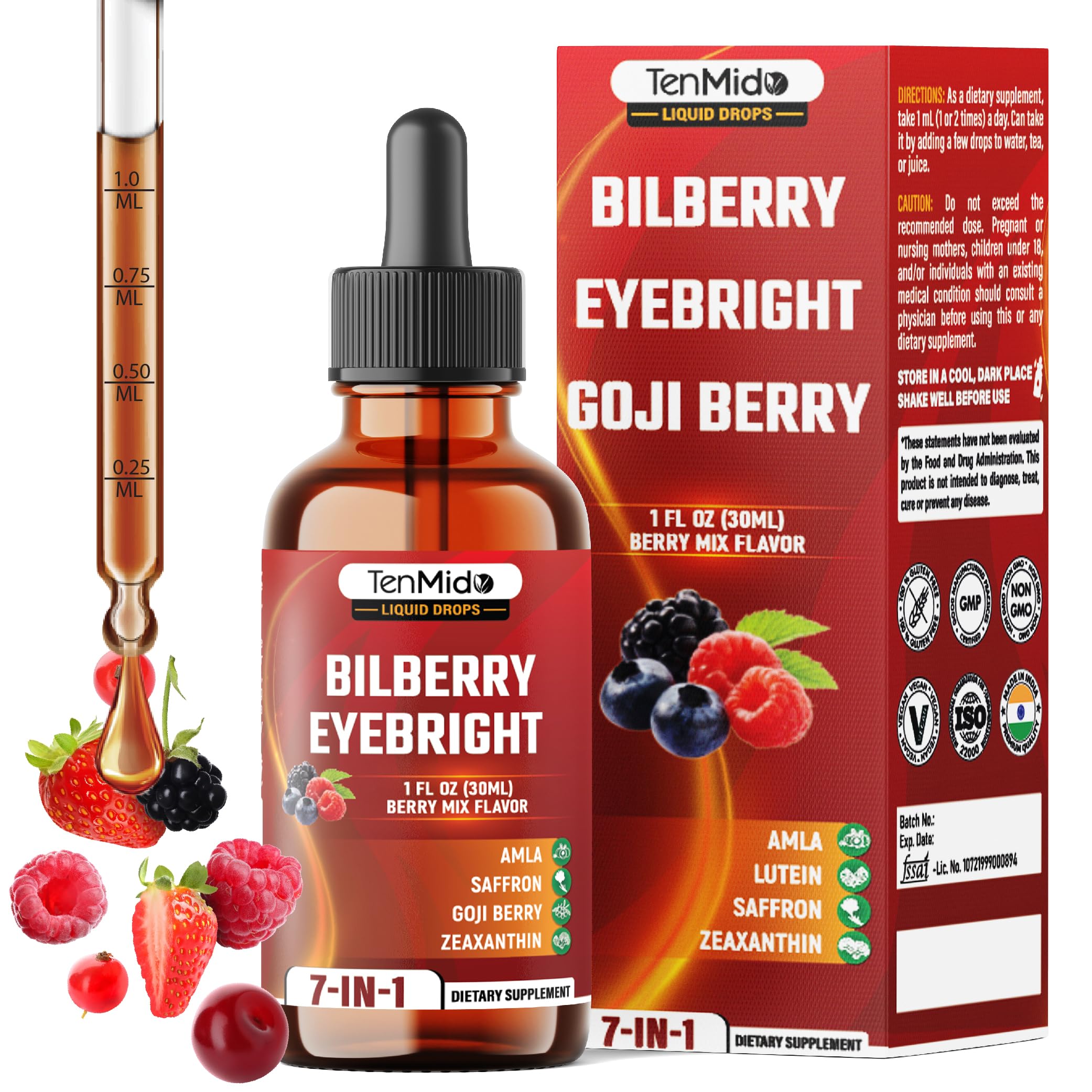 Bilberry Extract Liquid - 7in1 Herbal Supplements with Eyebright, Goji Berry, Amla, Lutein, Zeaxanthin, and Saffron - Vegan, Non-GMO - 30ml 1 Fl Oz