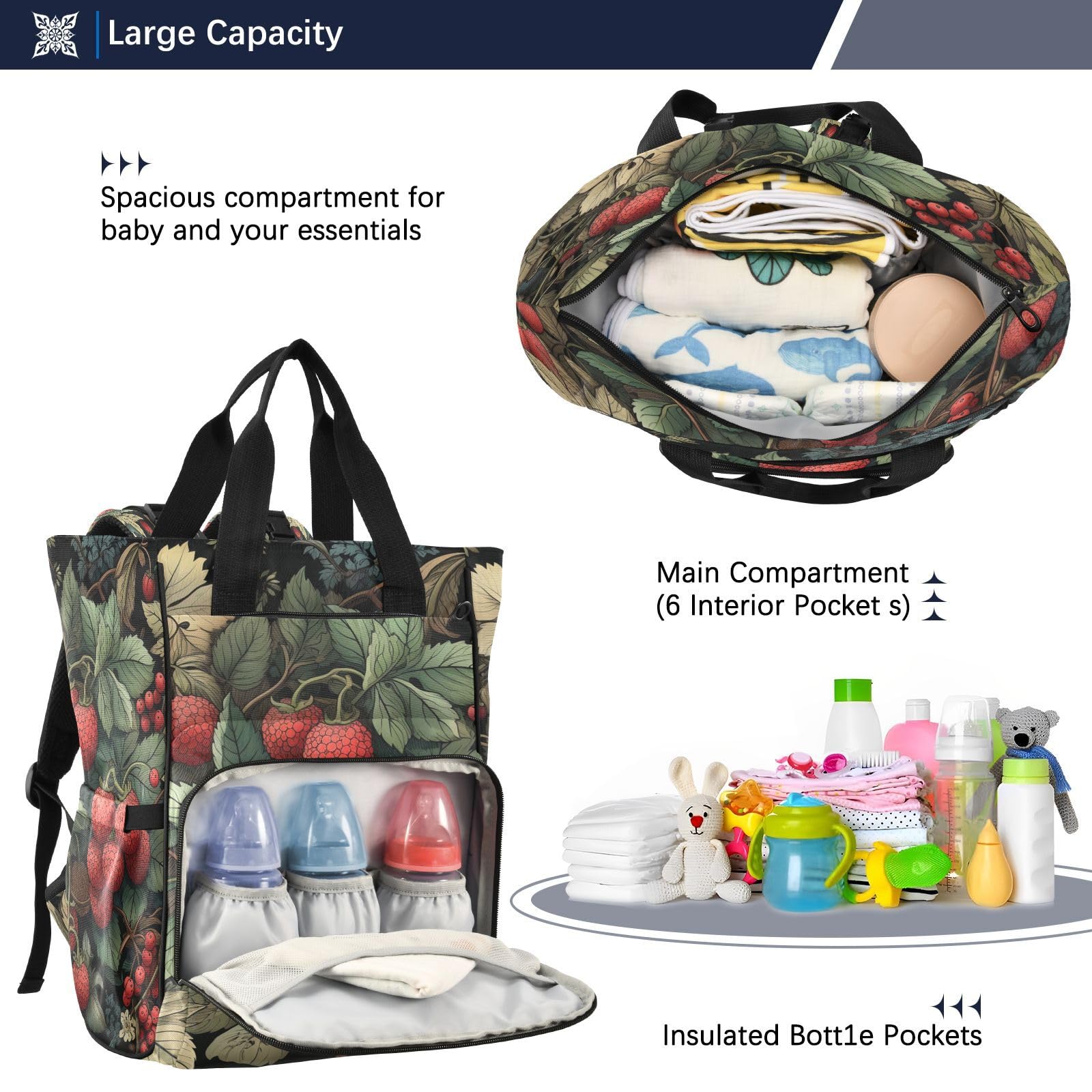 Fruta Baya Roja Bolsa de Pañales Mochila de Viaje Gran Capacidad Bolsas para Mamá Papá Mujeres Niñas