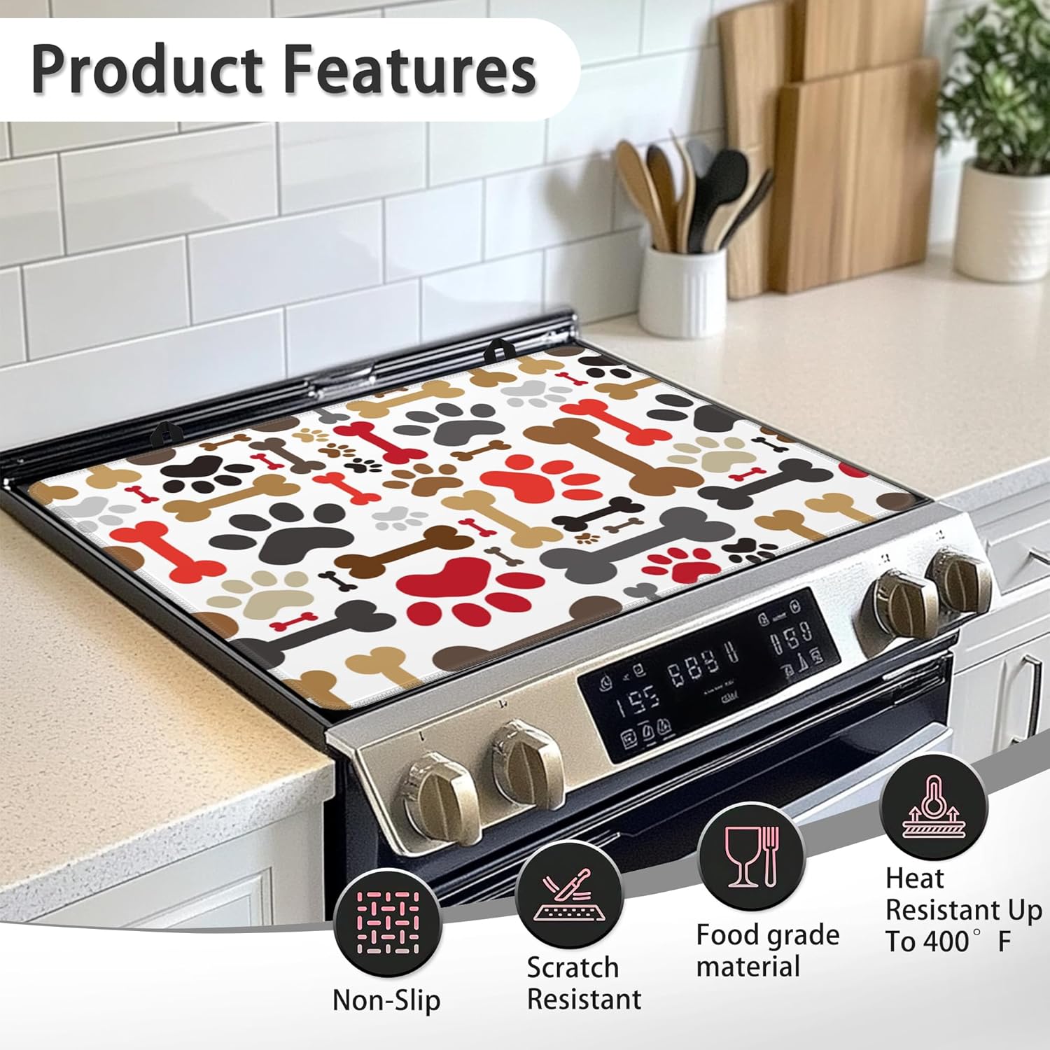 Electric Stove Top Cover Protector – Dogs Paws and Bones Glass Flat Top Stove Mat Oven Induction Cooktop Mat for Ceramic Countertop Mats Heat-Resistant Dish Drying Mat