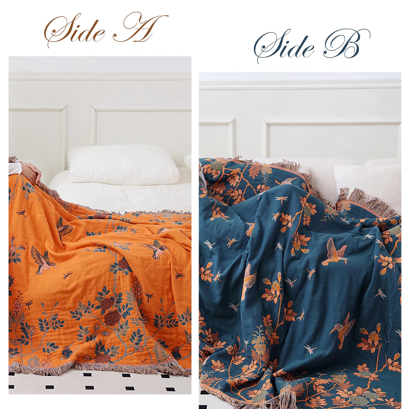 Manta bohemia grande de doble cara, 100% algodón orgánico, tejida a mano, acogedor acento bohemio para sofás y sillones de 2 a 3 plazas, 200 x 230 cm, pájaro naranja