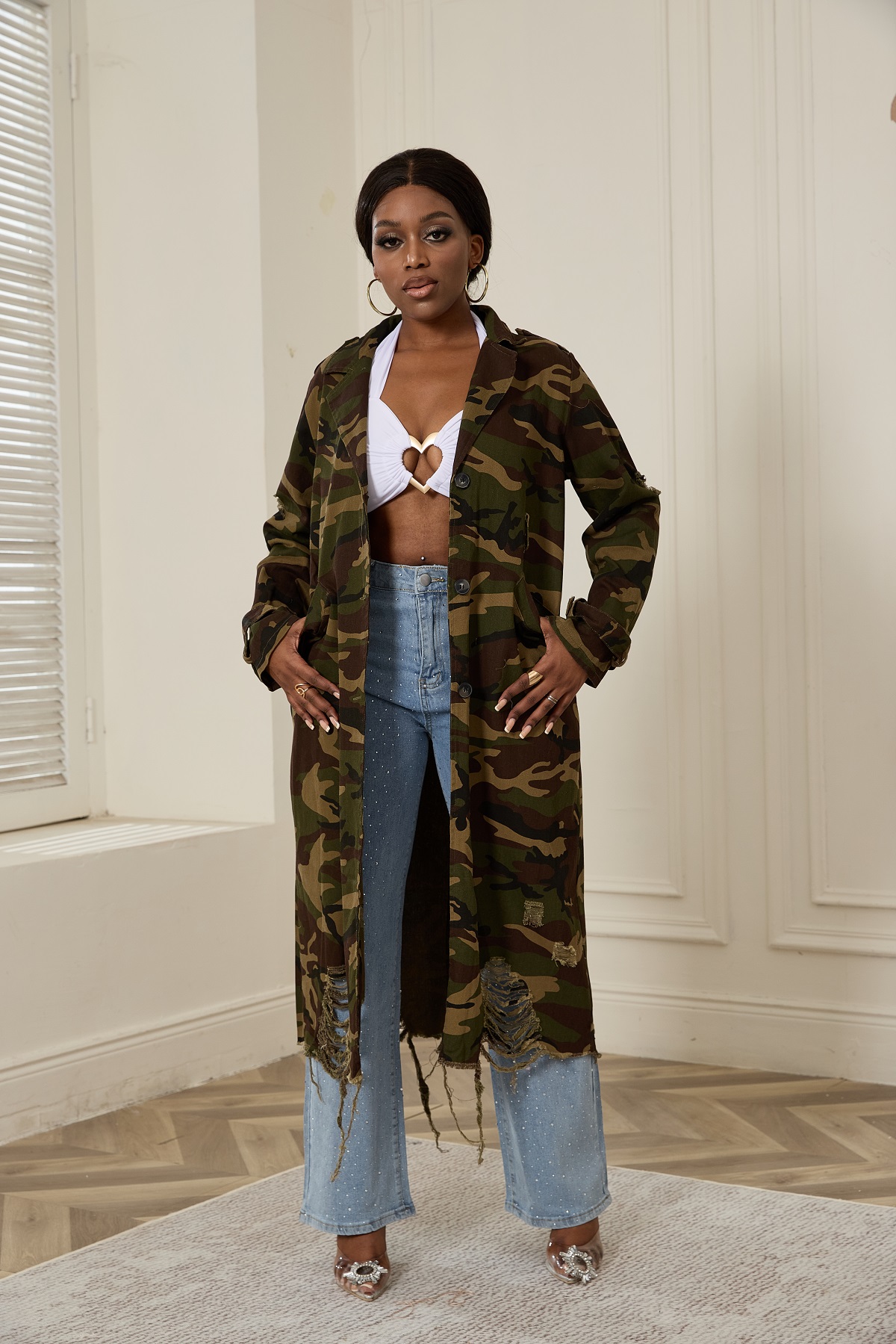 Amazon.com: Vakkest Women's Camo Long Trench Coat Long Sleeve