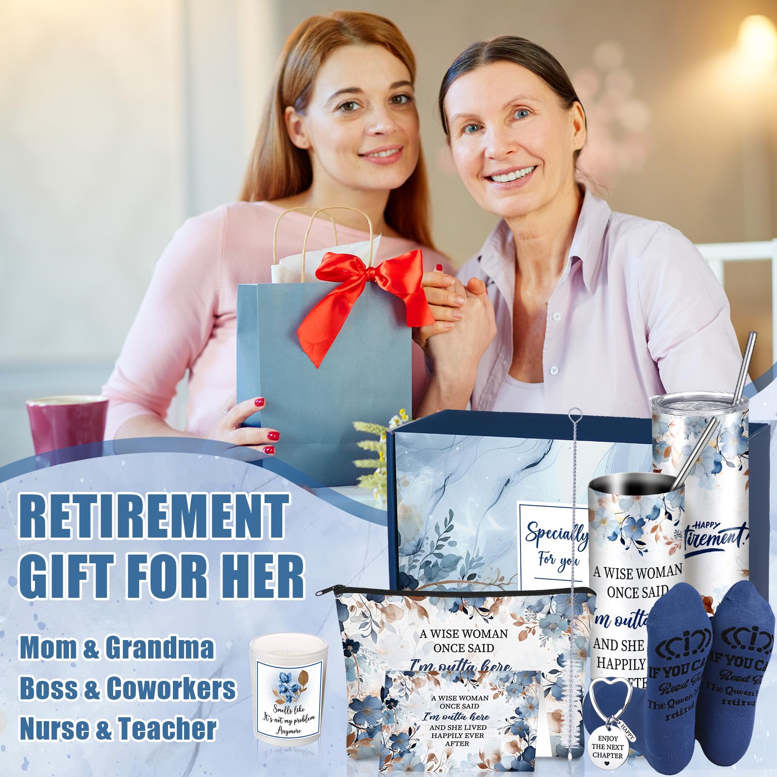 Bokon 9 Pcs Blue Brown Retirement Gifts for Women Teacher End of School Year Retired Gifts Set for Teachers Cna Nurse Coworker with 20oz Tumbler Candle Socks & Keychain Relaxation Gift Box